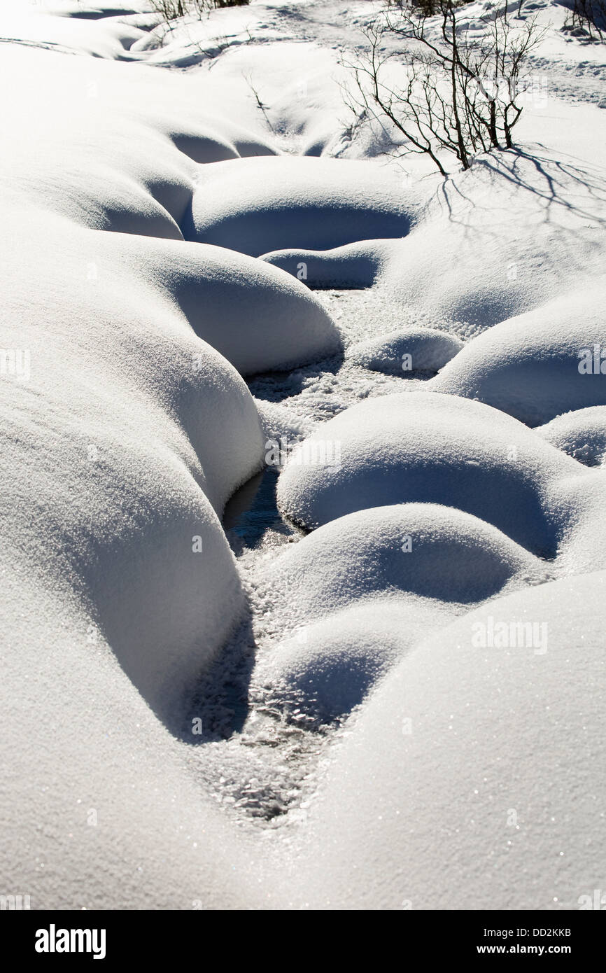 Snow Covered Creek With Rounded Contoured Banks; Alberta, Canada Stock Photo