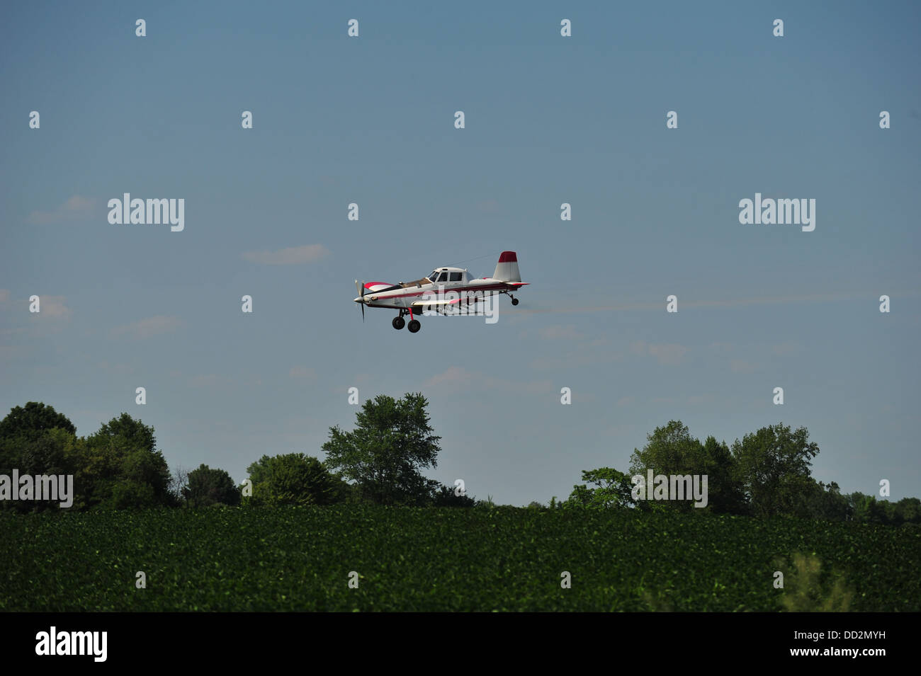 Crop-duster spraying soybeans in the summer in rural Indiana, USA Stock Photo