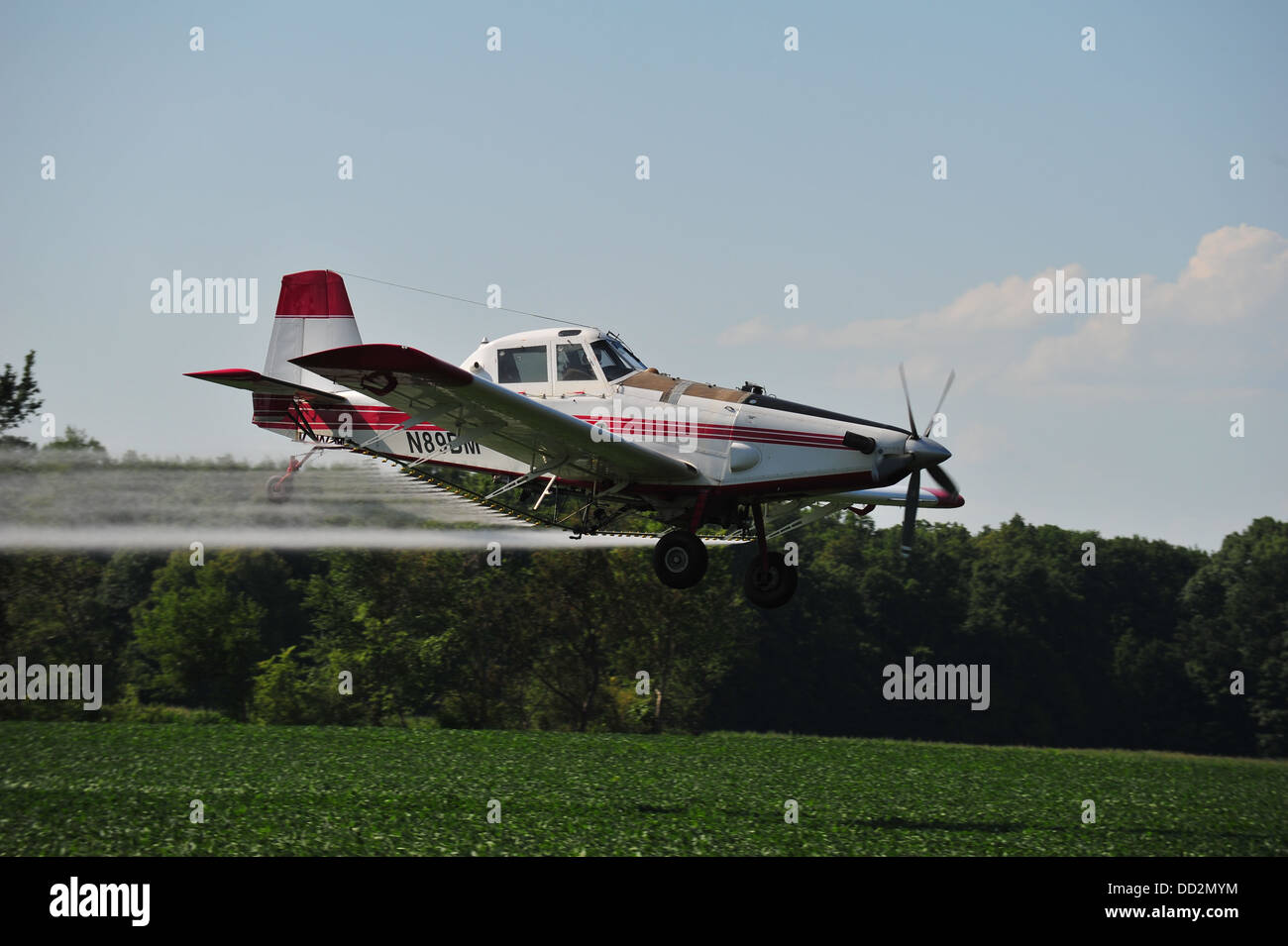 Crop-duster spraying soybeans in the summer in rural Indiana, USA Stock Photo