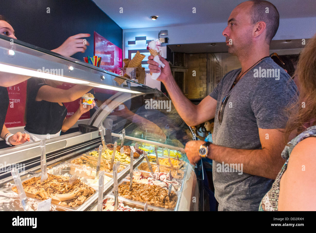 Paris, France, Man Buying Ice Cream in Shop in Latin Quarter, on Rue de