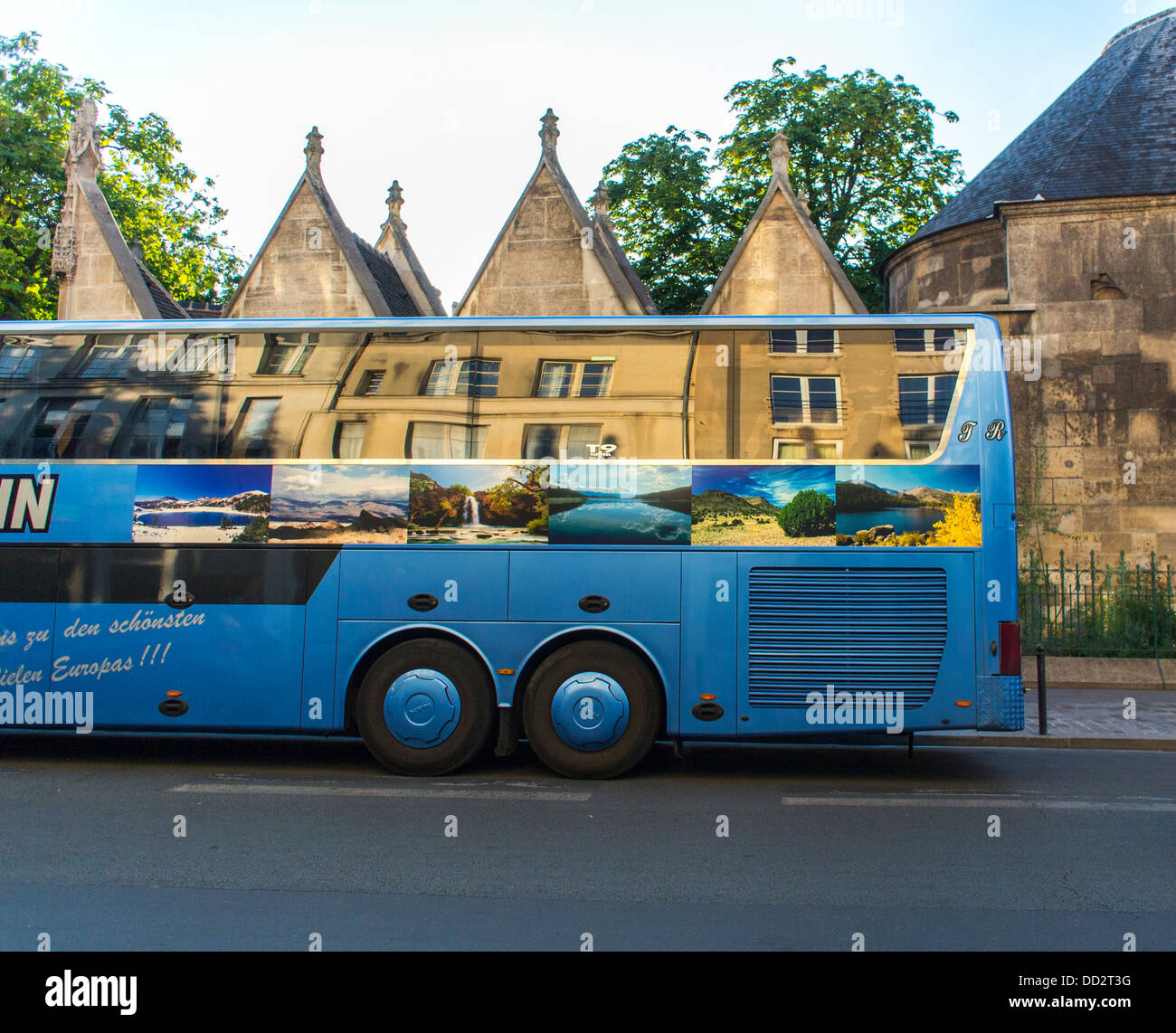 Paris, France, Street Scenes in Latin Quarter, Tour Bus with Building reflections on Windows Stock Photo