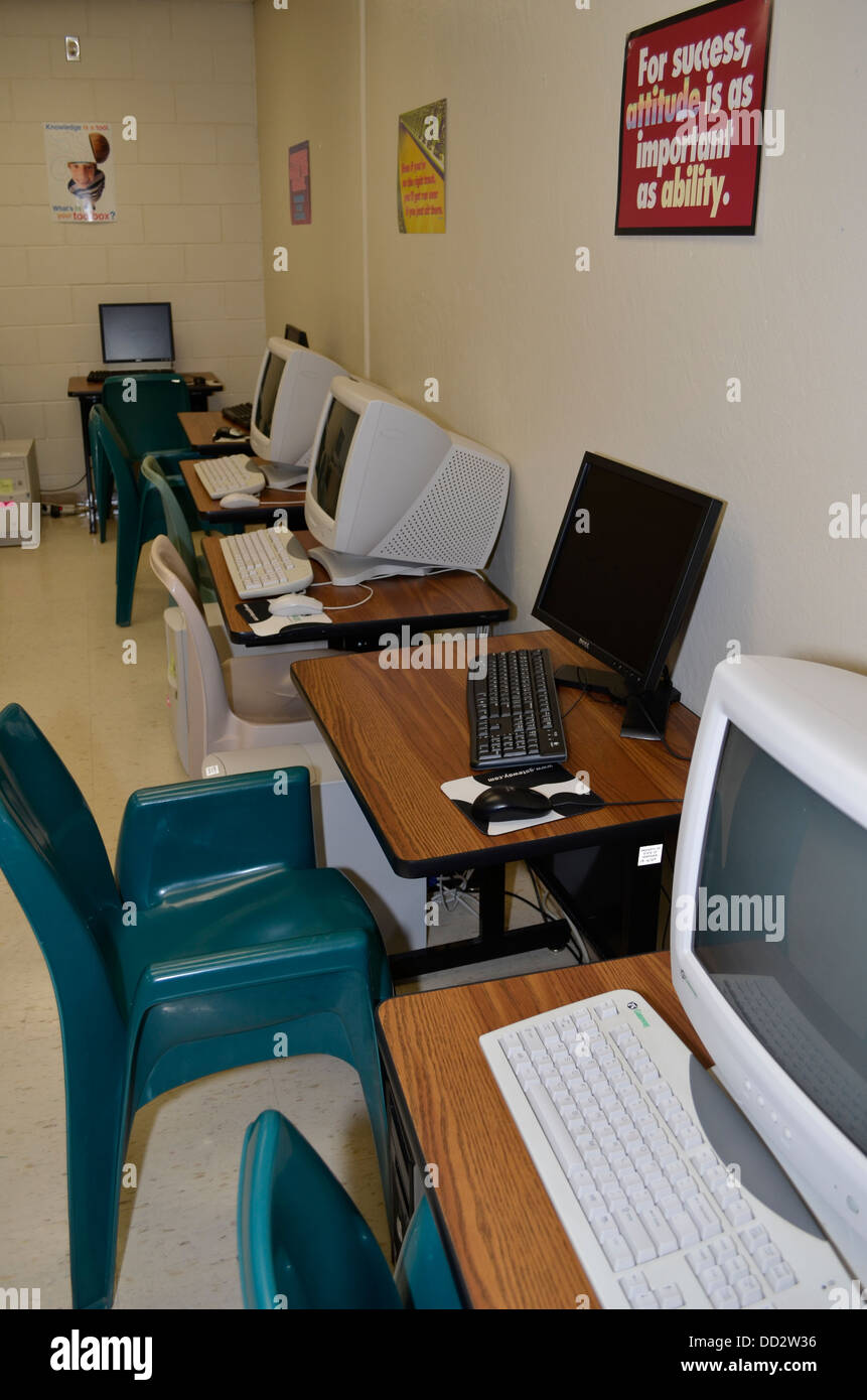Computers for inmate use in a maximum security prison library. Lincoln, Nebraska. Stock Photo