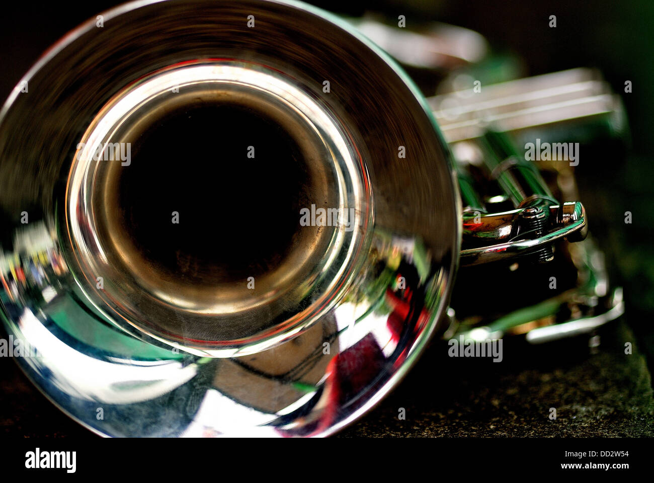 Looking into the mouth of a trumpet Stock Photo
