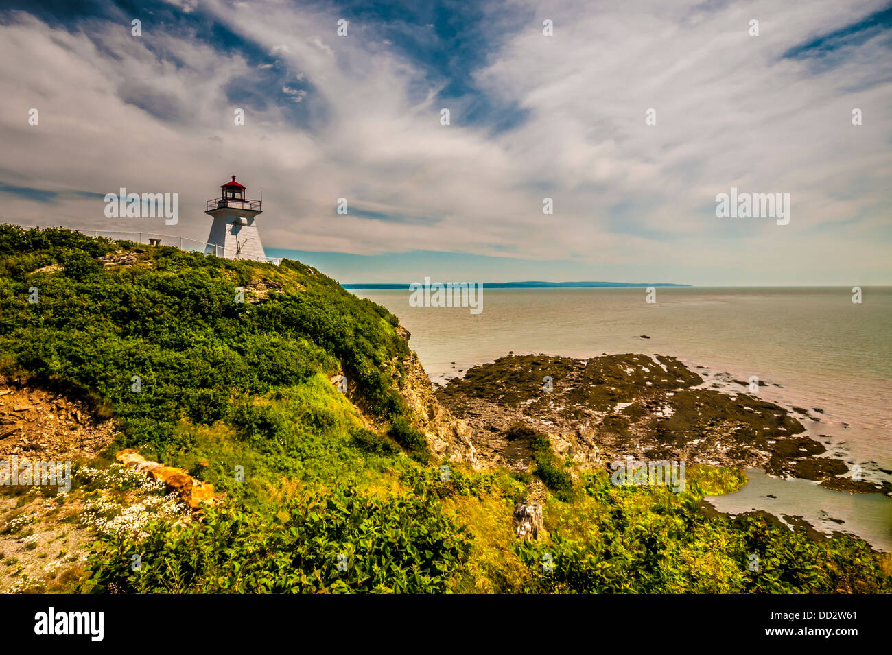 Lighthouse of the eroded cliff and beach located in Cape Enrage New Brunswick Canada Stock Photo