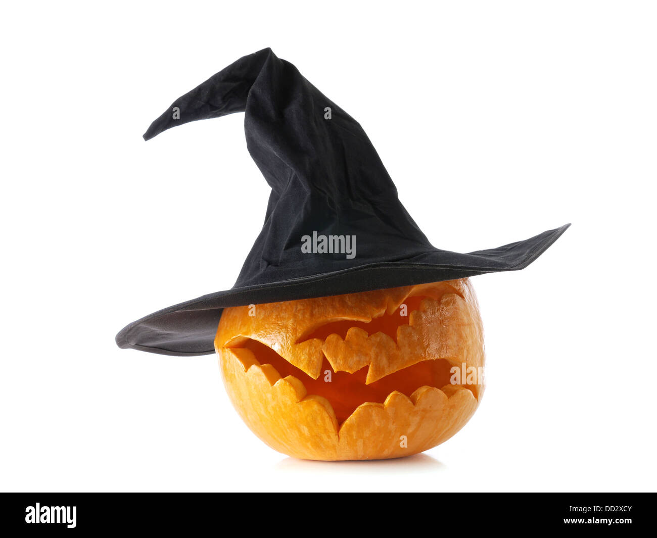Jack-o-lantern pumpkin with witch hat on white background Stock Photo