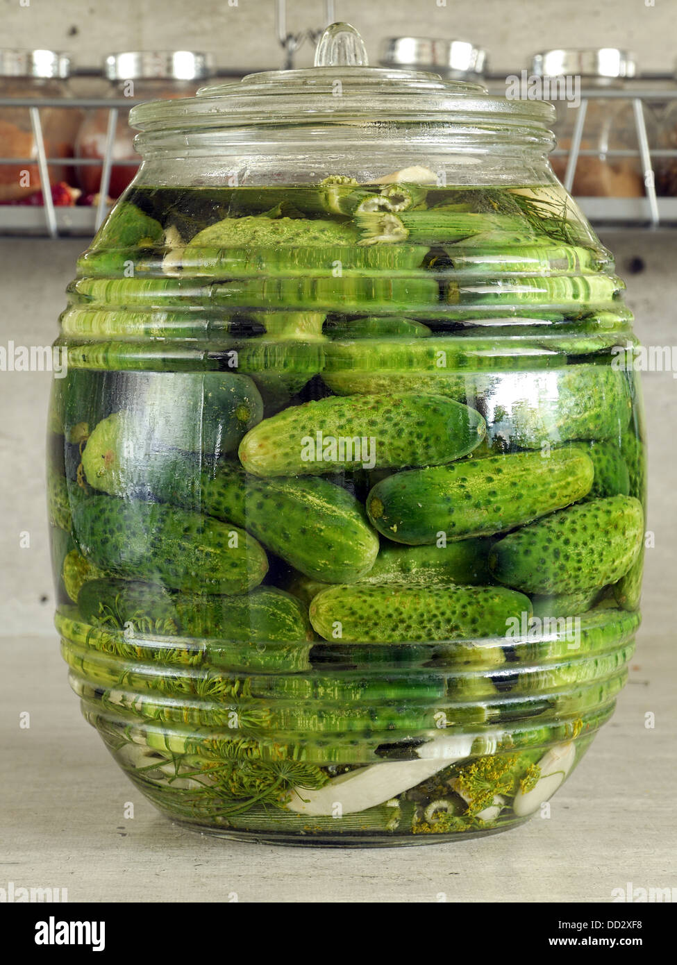 Pickled green cucumbers in glass jar Stock Photo