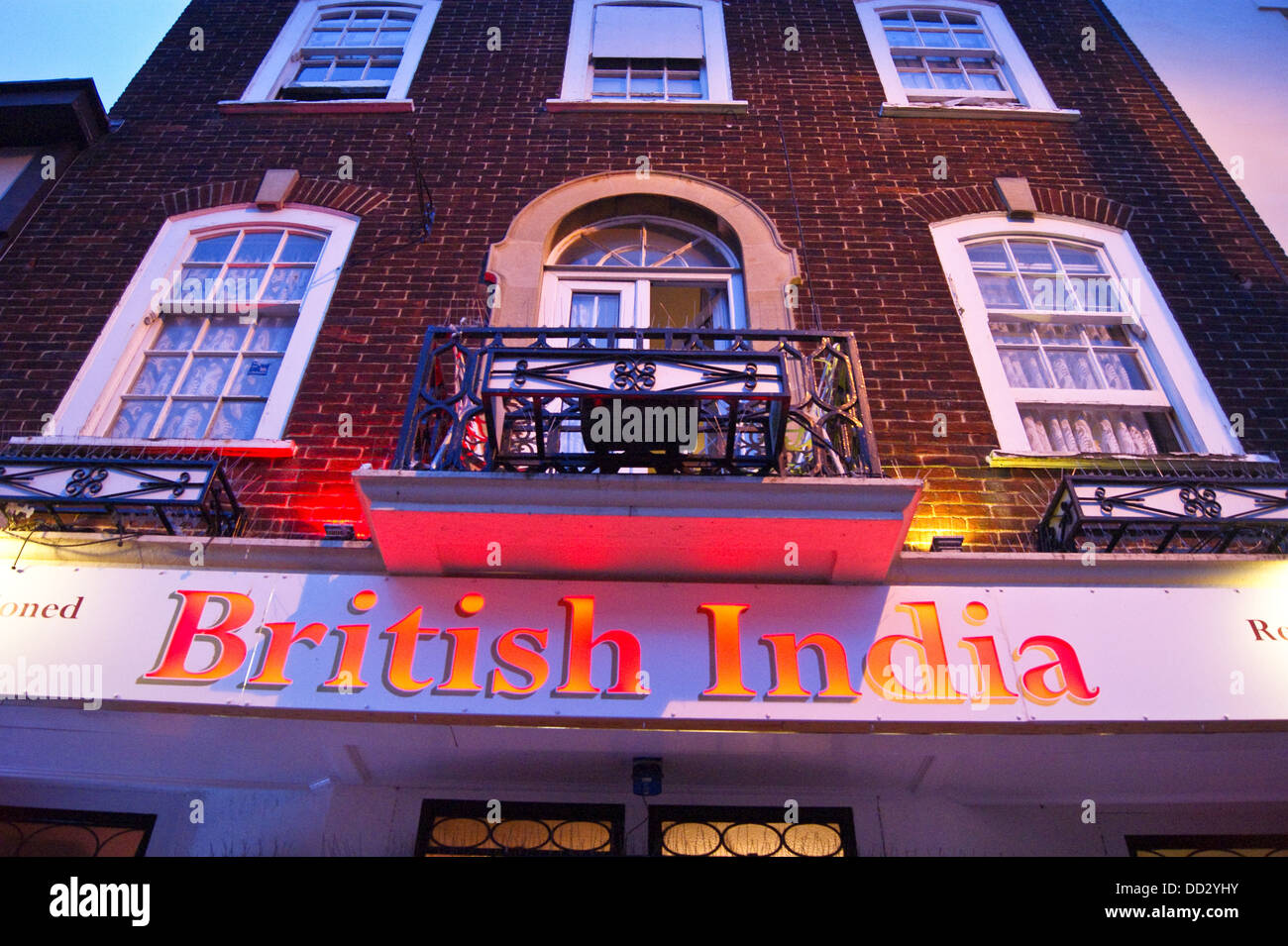 Floodlit facade of "British India" Indian restaurant, Connaught Avenue, Frintonon Sea, Essex