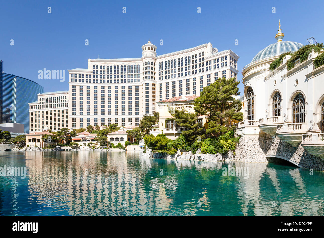 Bellagio Hotel exterior reflected in water, Las Vegas Boulevard Stock Photo