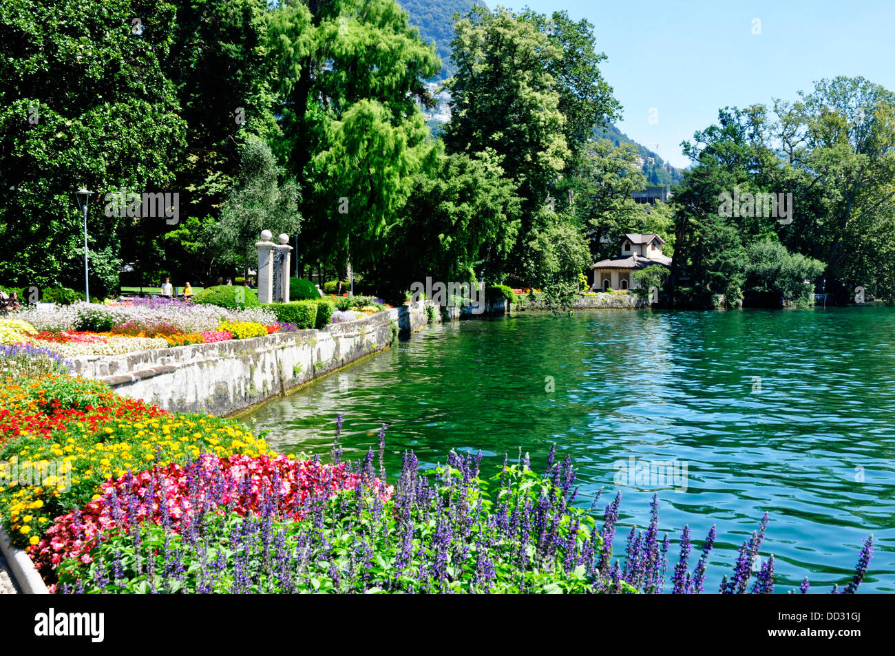 Switzerland Lake Lugano Lugano town gardens beside the lake