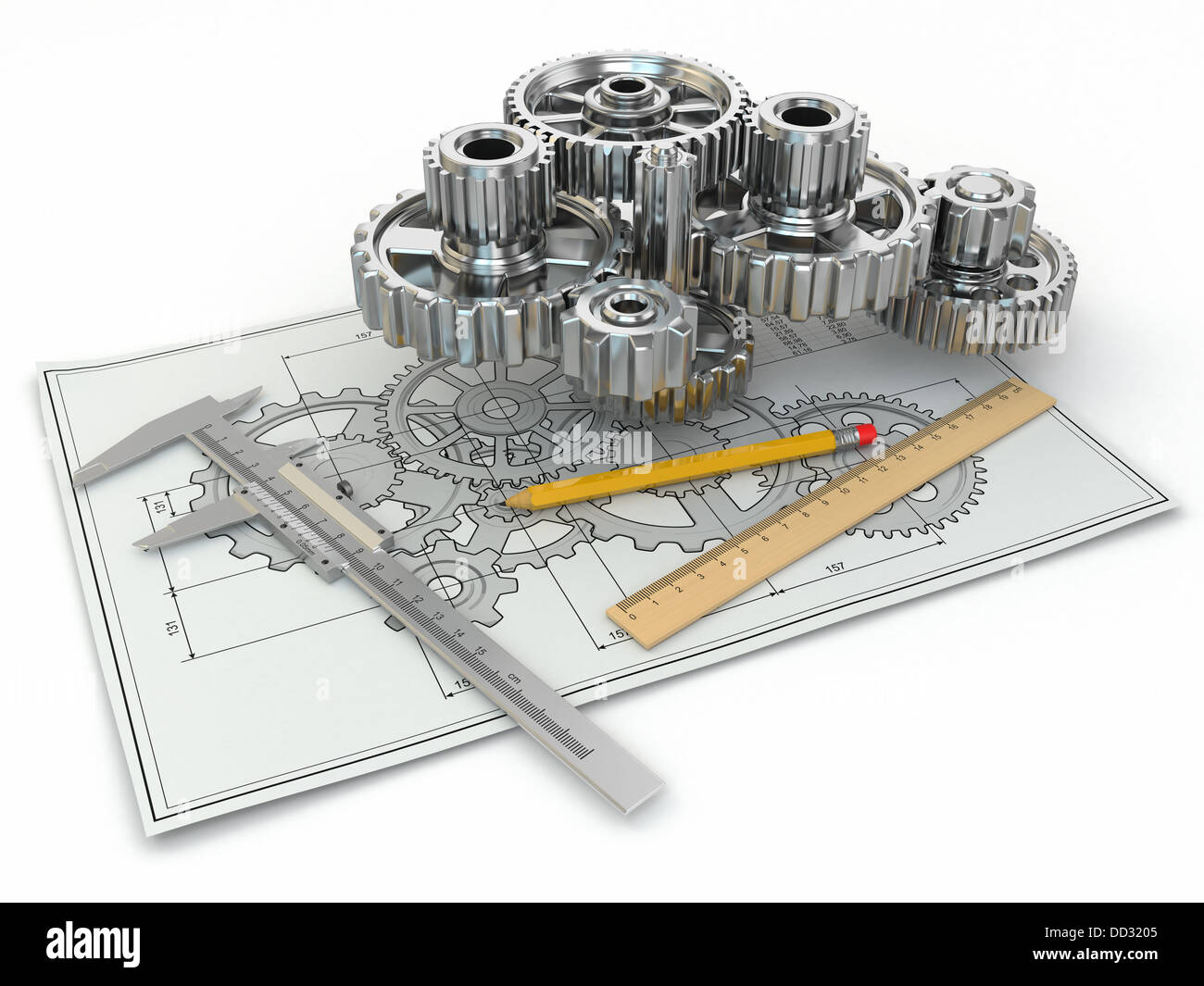 Engineering drawing. Gear, trammel, pencil and draft. 3d Stock Photo