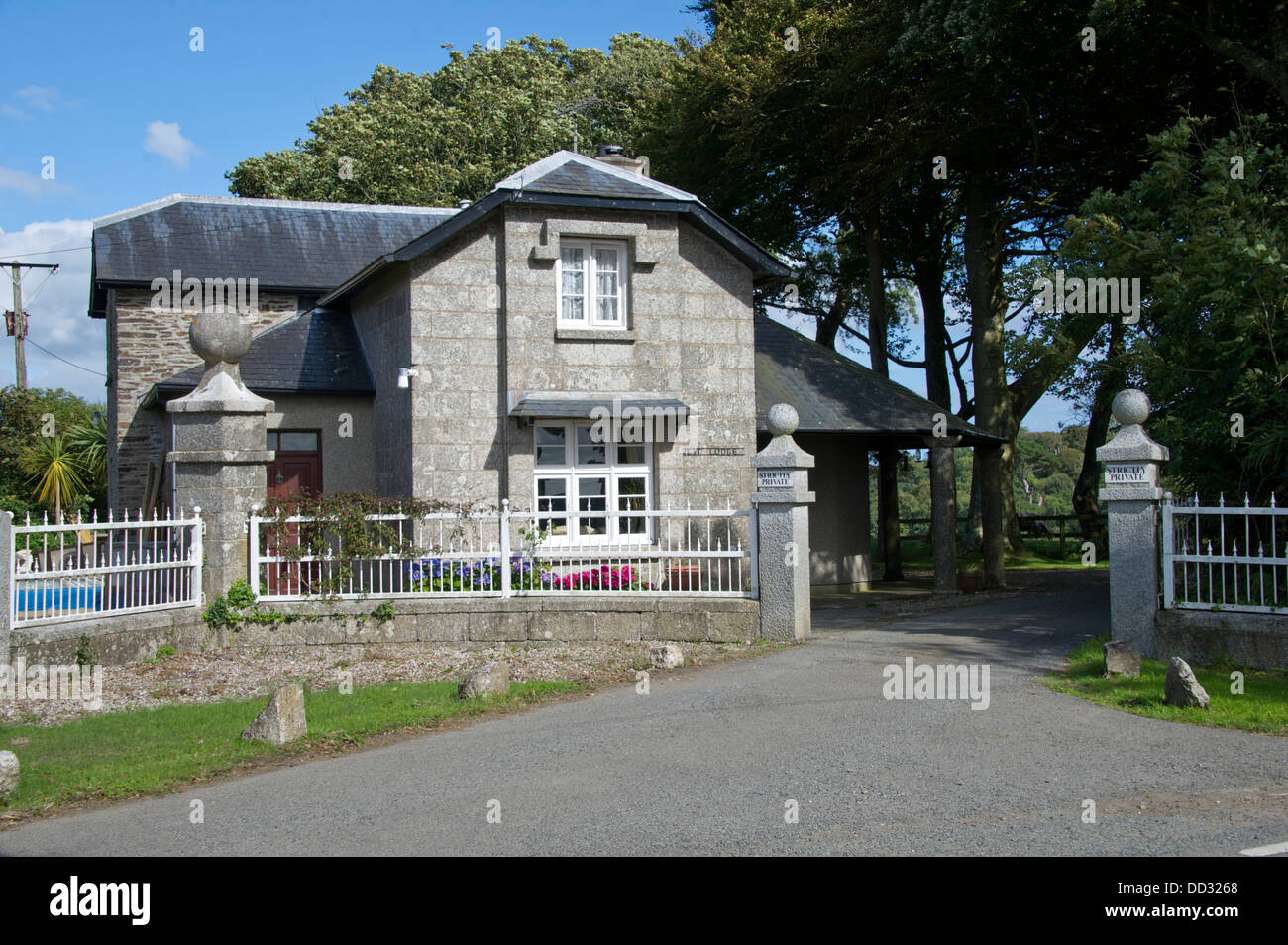 Entrance lodge and gates to Menabilly Estate,Fowey,Cornwall,UK,the