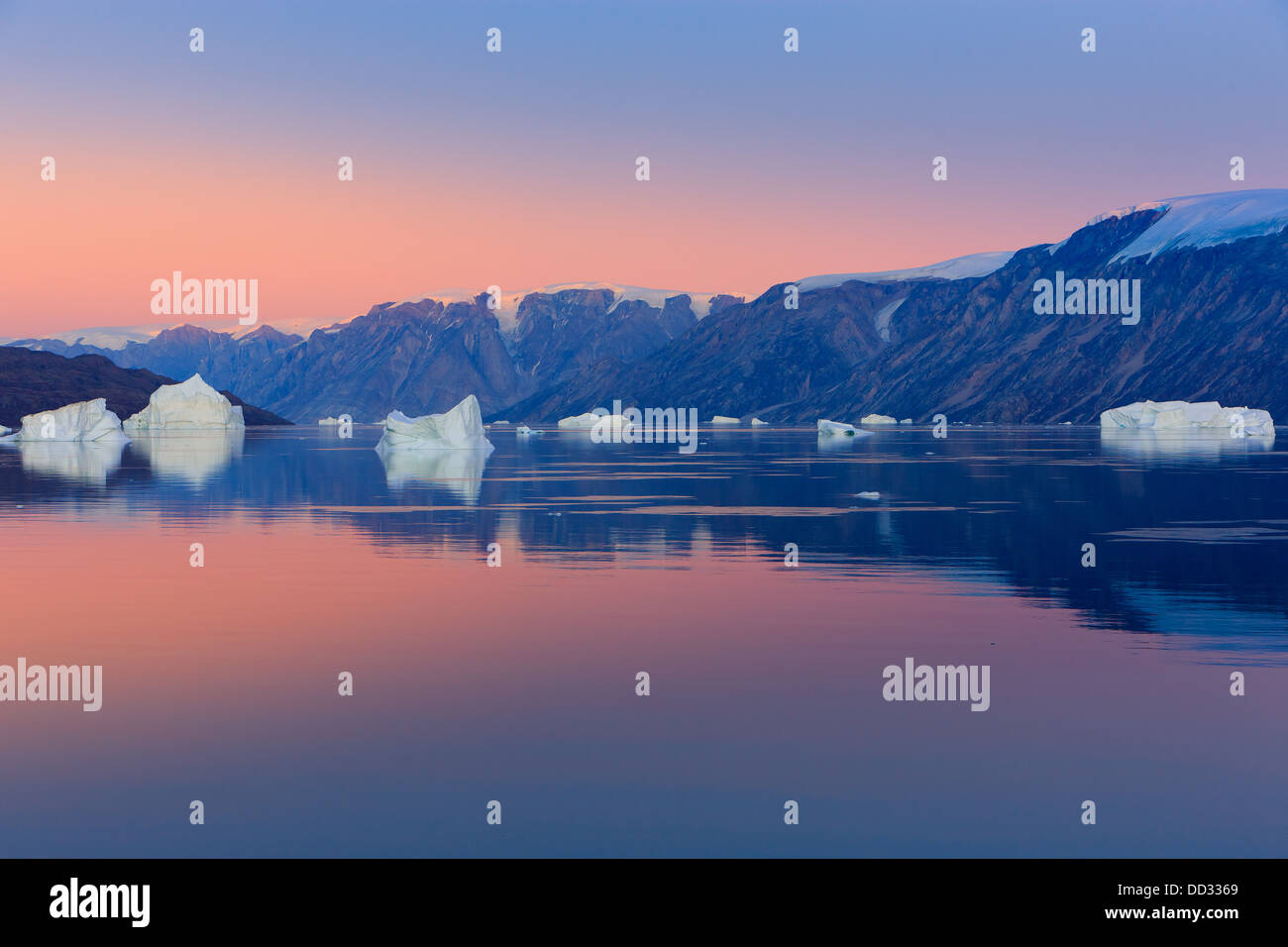 Sunset in the Røde Fjord, Scoresby sund, Greenland Stock Photo