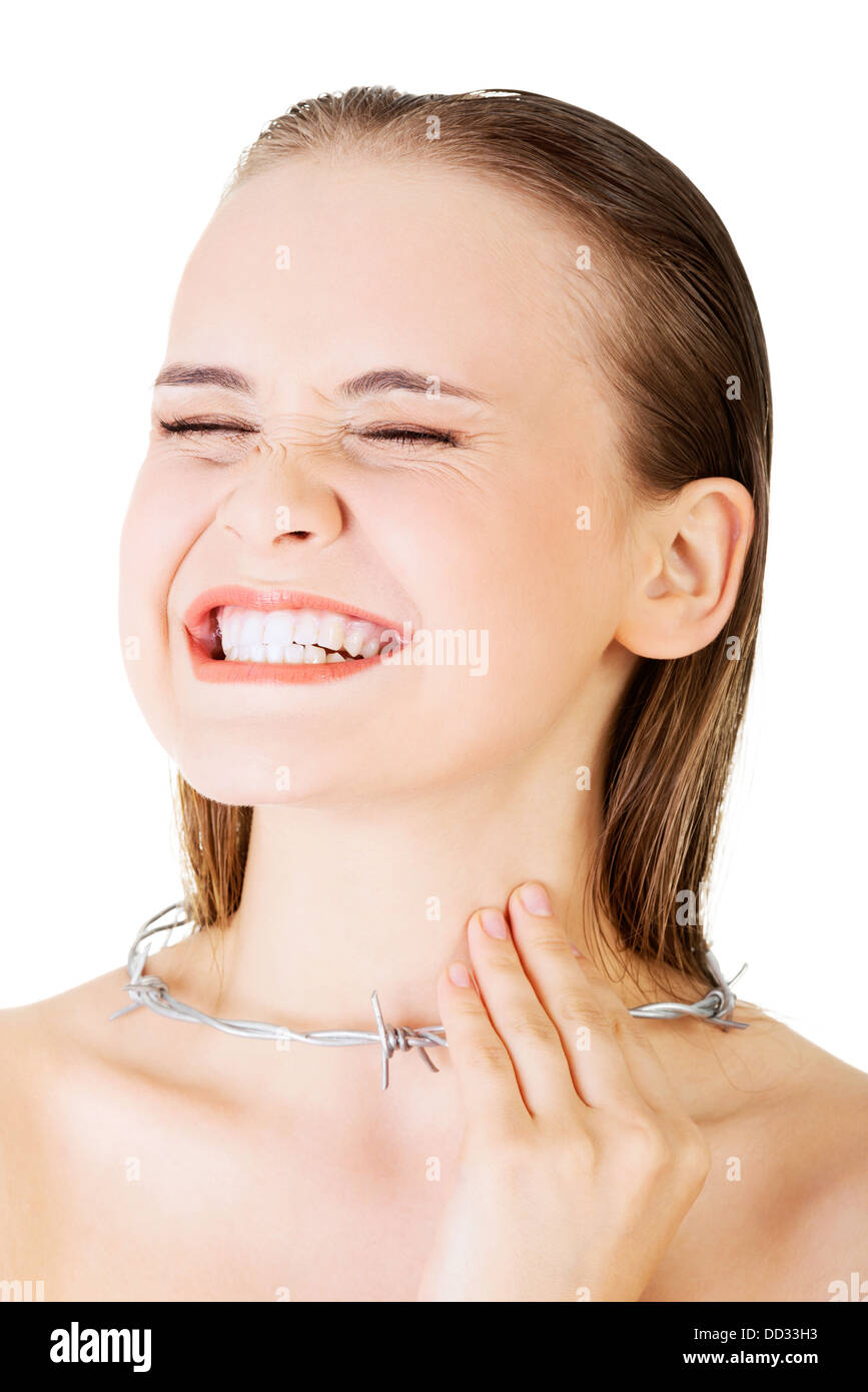 Throat pain concept. Young woman with barbed wire around her throat