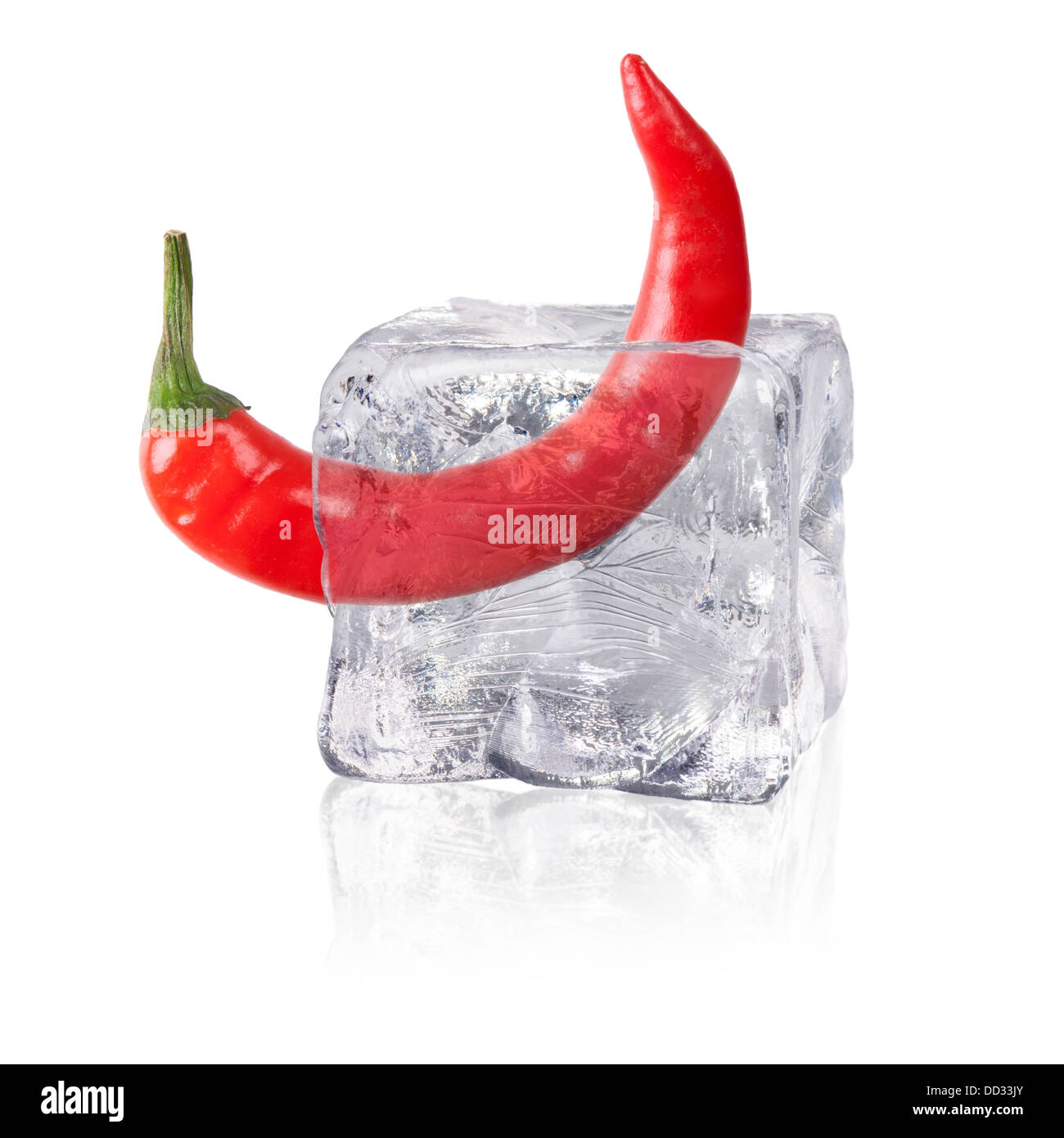 a chili enclosed in an ice cube before white background Stock Photo