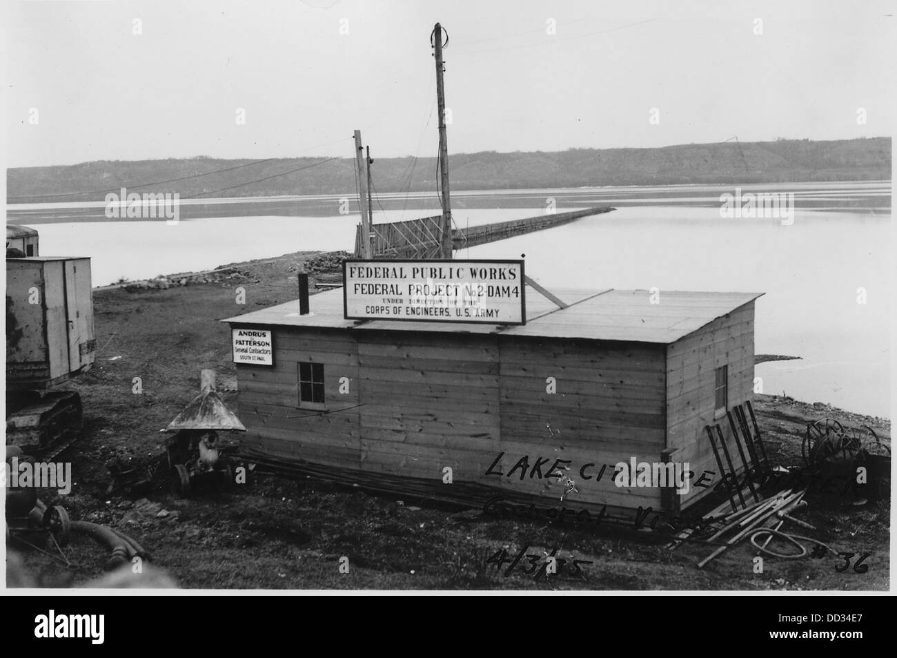 Photograph with caption Lake City breakwater, depicting U.S. Army Corps of Engineers temporary buidling at Lake... - - 282447 Stock Photo