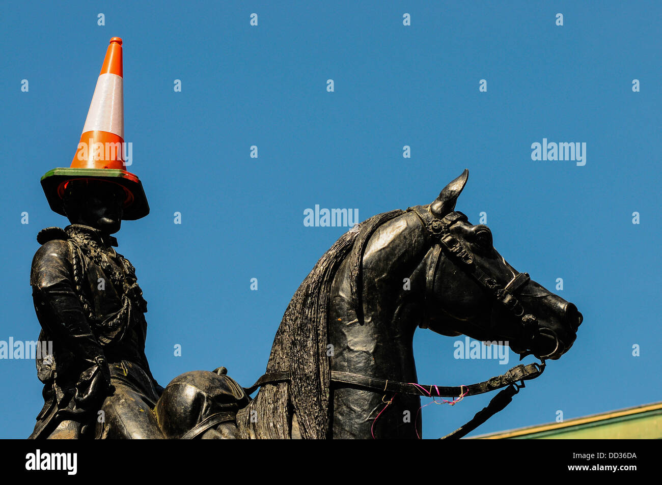 The Duke of Wellington Statue in Glasgow, with the cone on his head