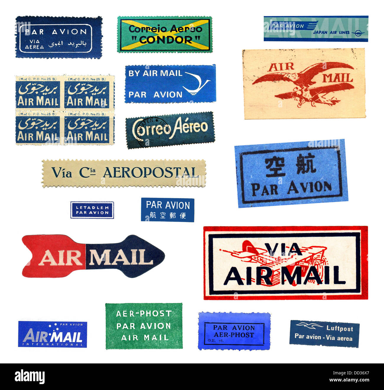 Vintage airmail labels from all over the world Stock Photo