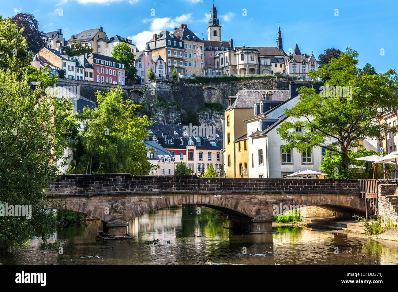 View towards the medieval Ville Haute from the River Alzette in the Grund district of Luxembourg City. Stock Photo