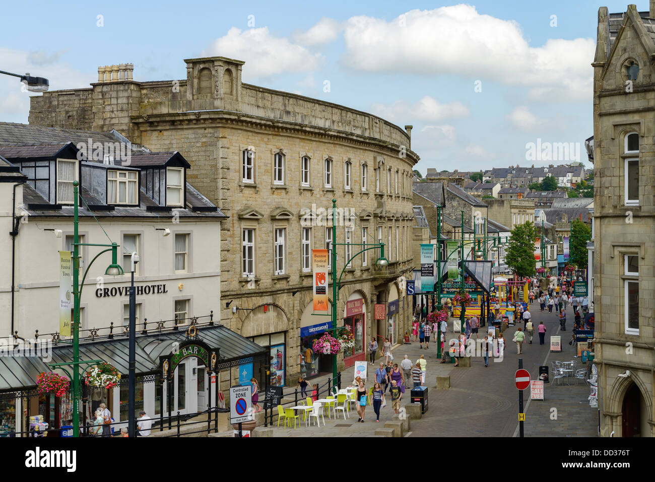 The main shopping street in Buxton town centre UK Stock Photo