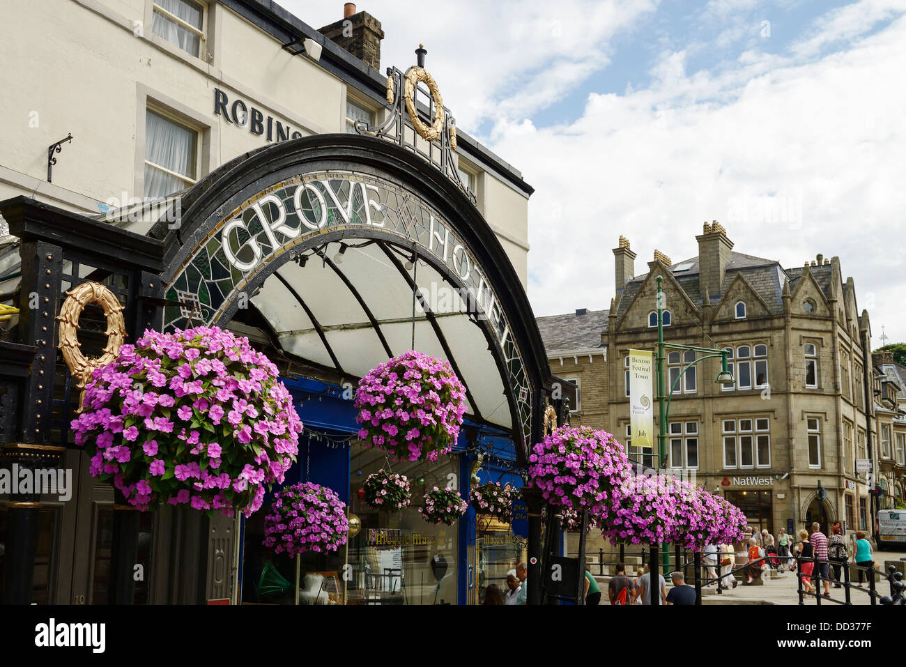 Decorative canopy entrance to the Grove Hotel Buxton Derbyshire UK Stock Photo