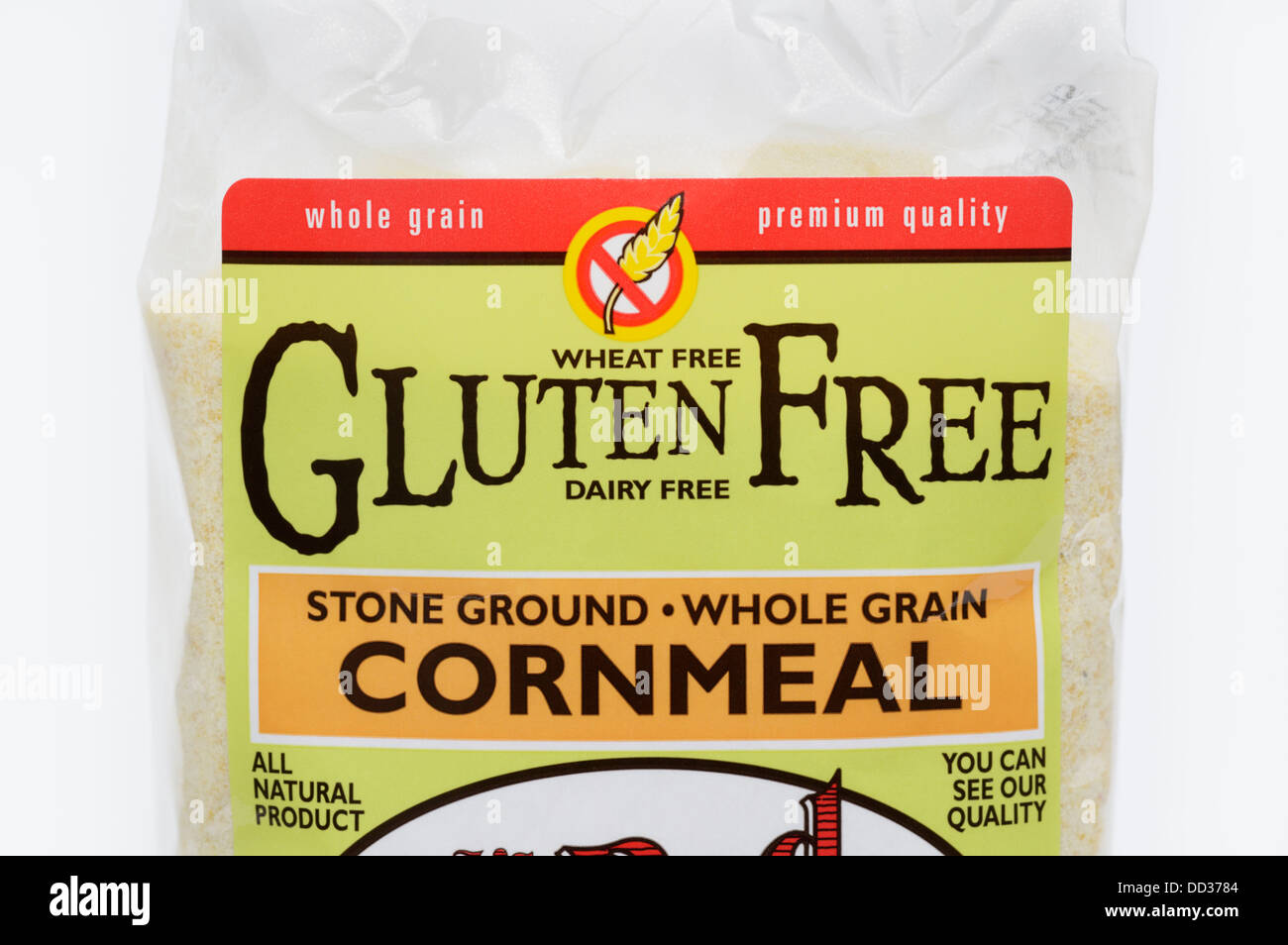 Gluten free, wheat free and dairy free labels on a cornmeal package Stock Photo