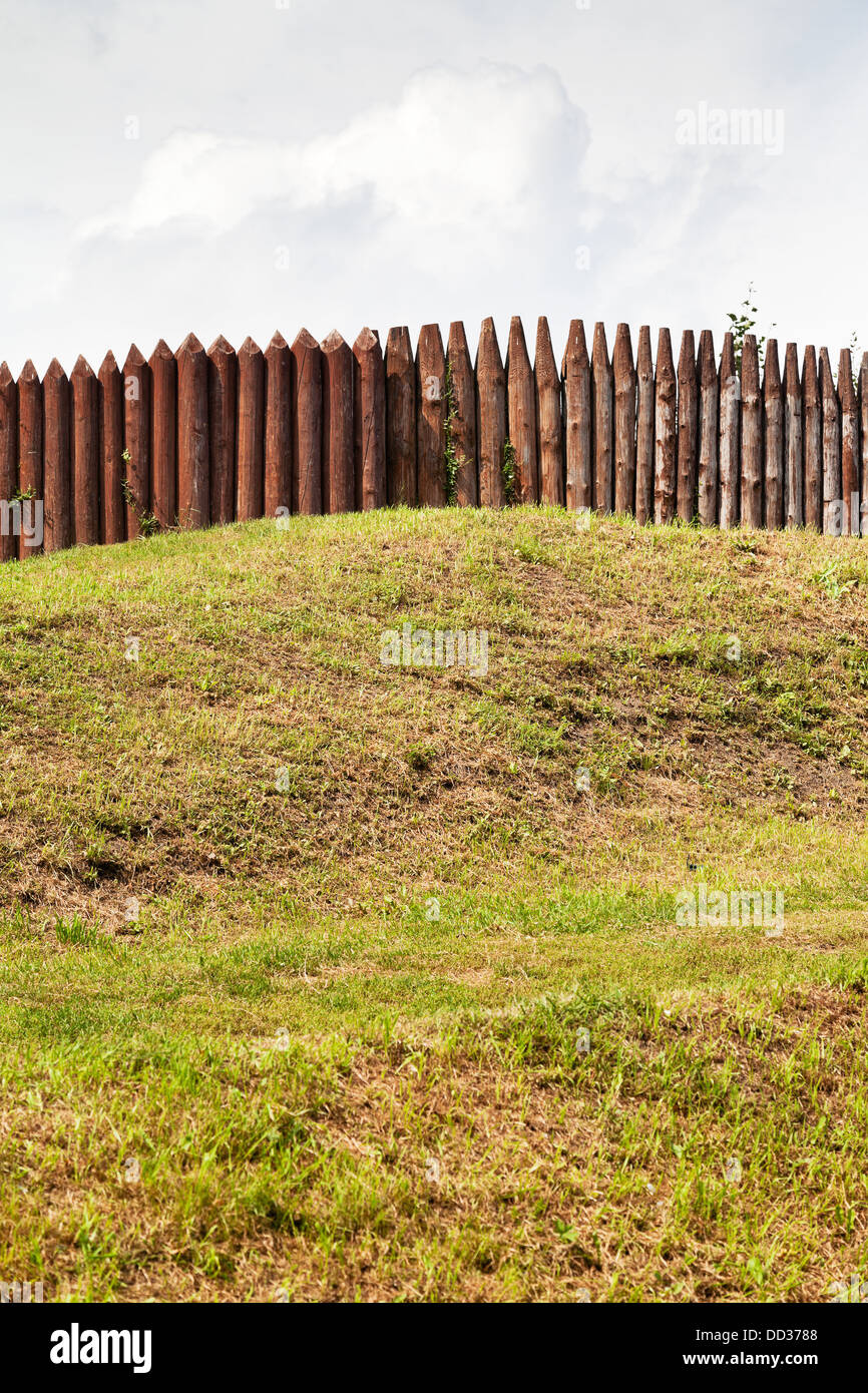 wall from wooden stakes on rampart of old Kremlin in Dmitrov, Russia Stock Photo