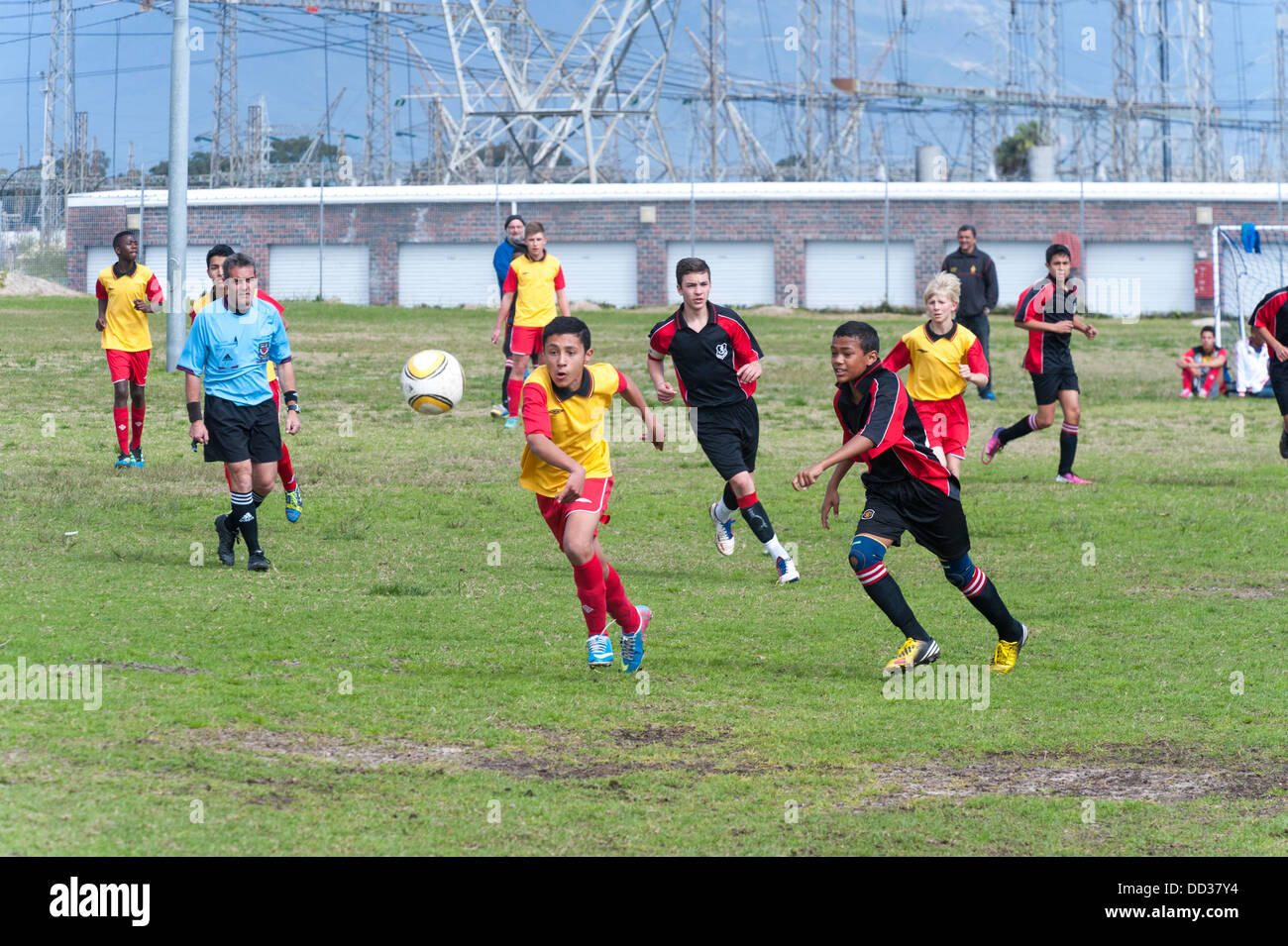 U15B football players in action playing a match Cape Town, South Africa Stock Photo