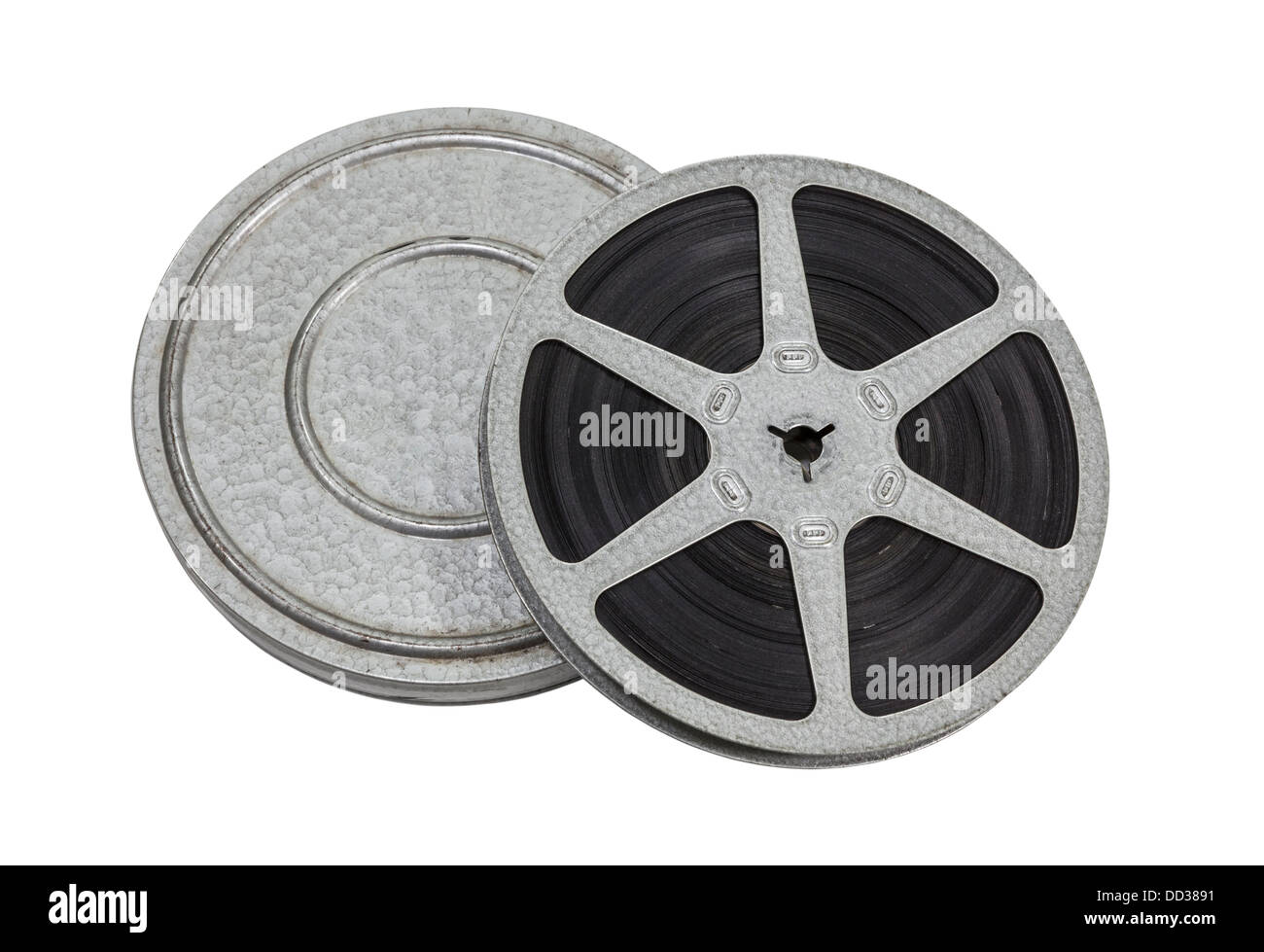 Vintage film reel and can isolated with clipping path Stock Photo