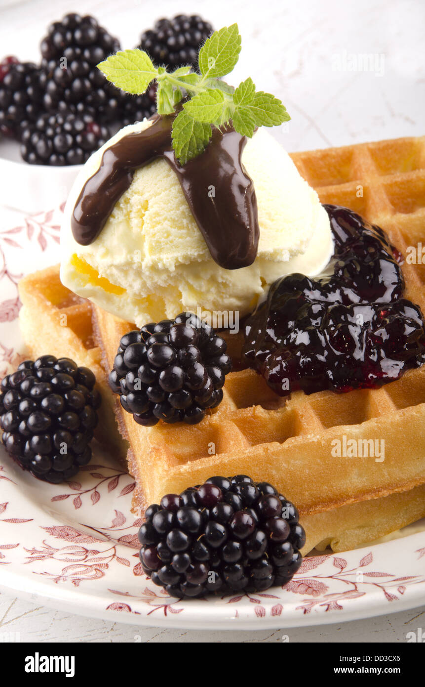 blackberries and home made waffle with vanilla ice cream Stock Photo ...