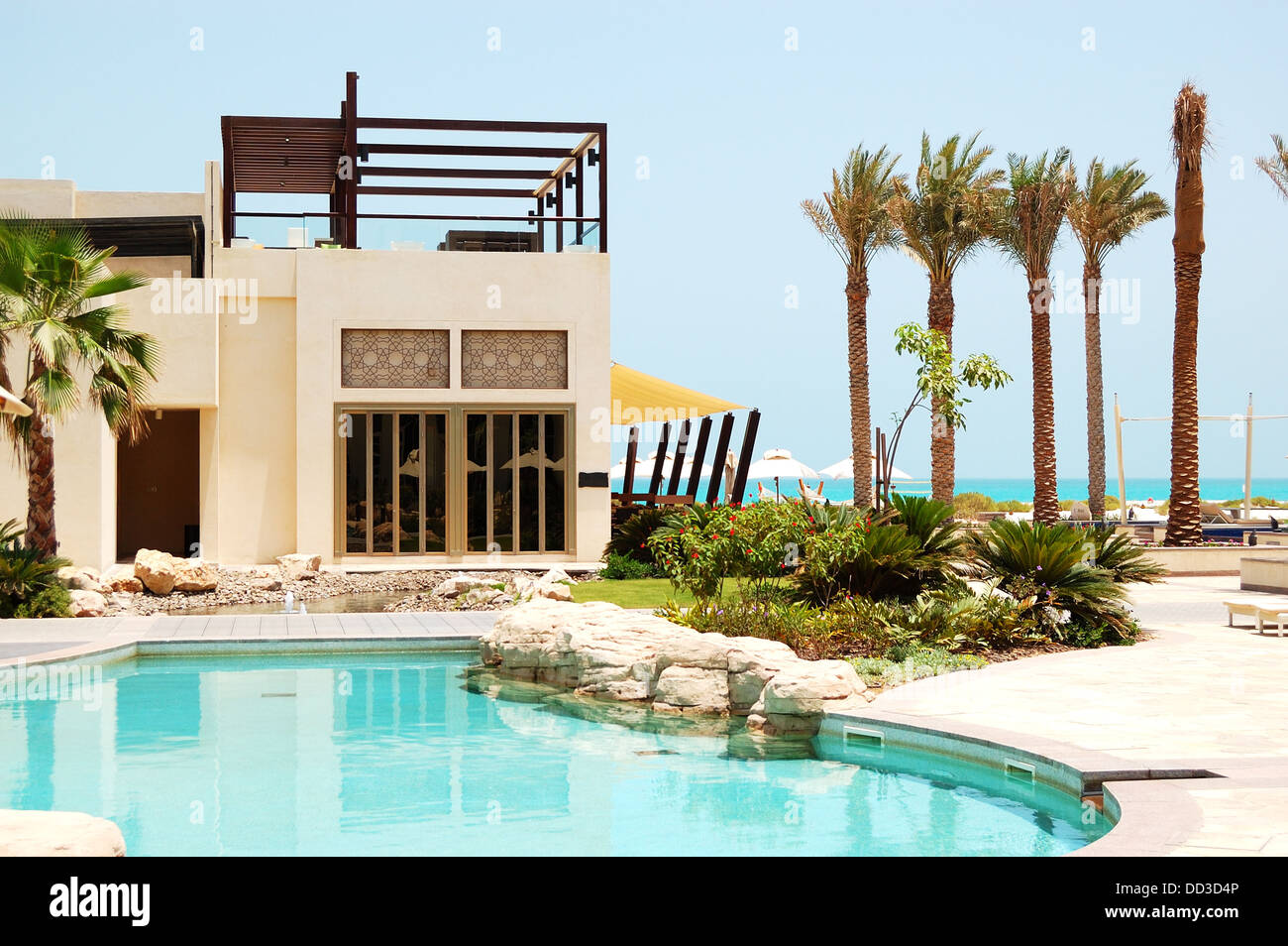 Swimming pool at the luxury villa, Saadiyat island, Abu Dhabi, UAE Stock Photo