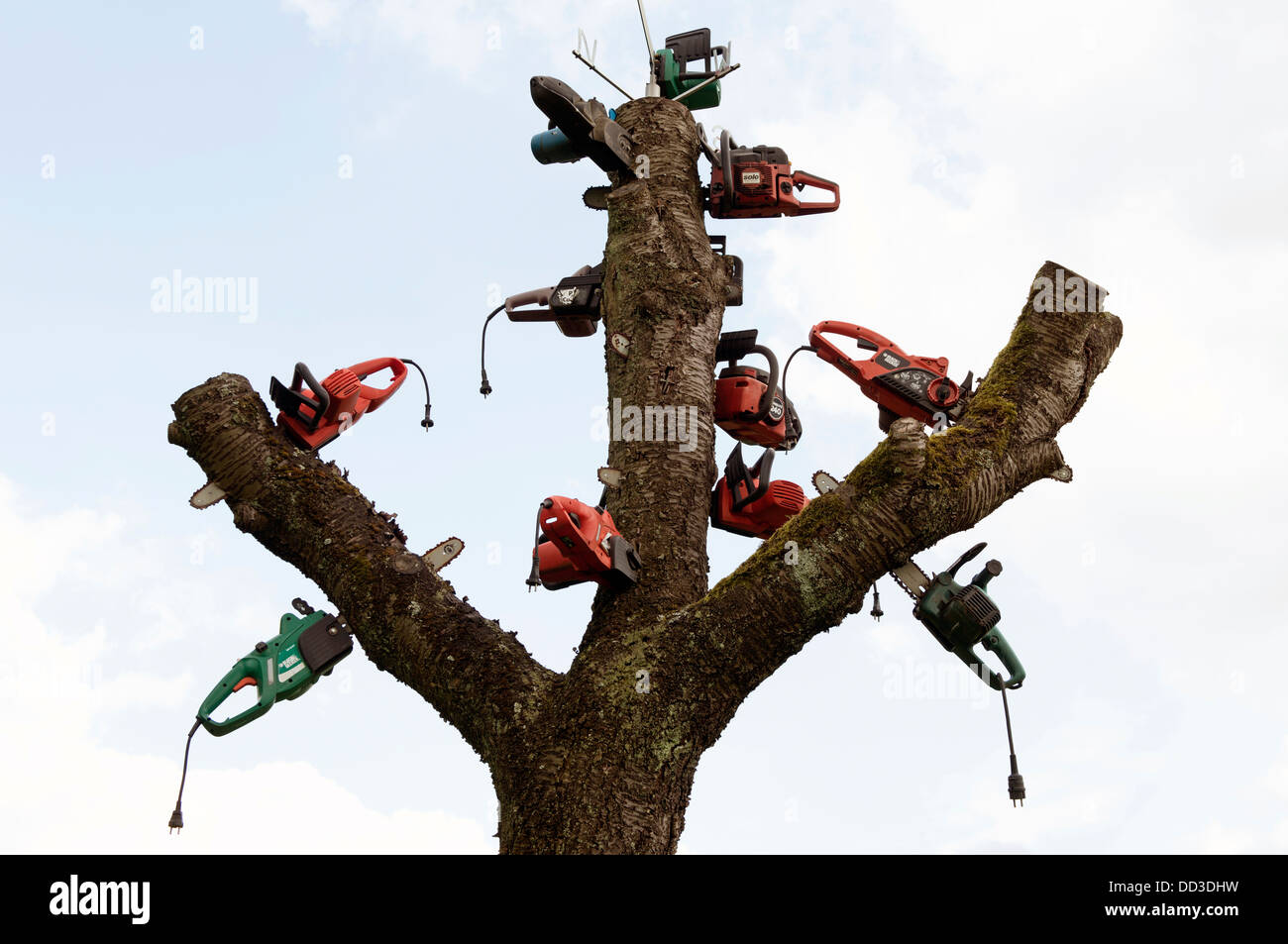 Old chainsaws placed in a tree to form an interesting feature in a residential garden Stock Photo