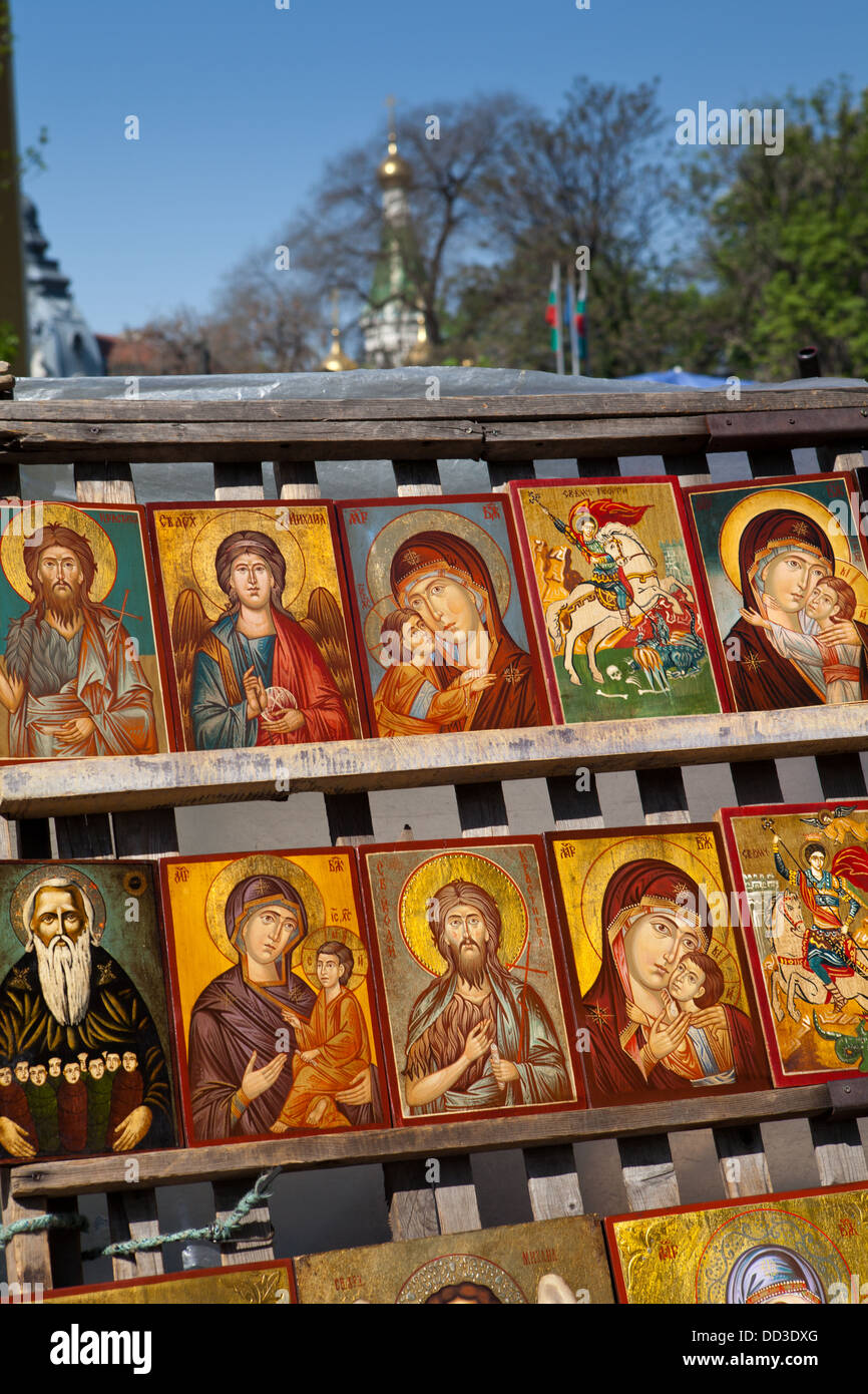 A market stall of Bulgarian Orthodox Icon paintings in the capital city ...