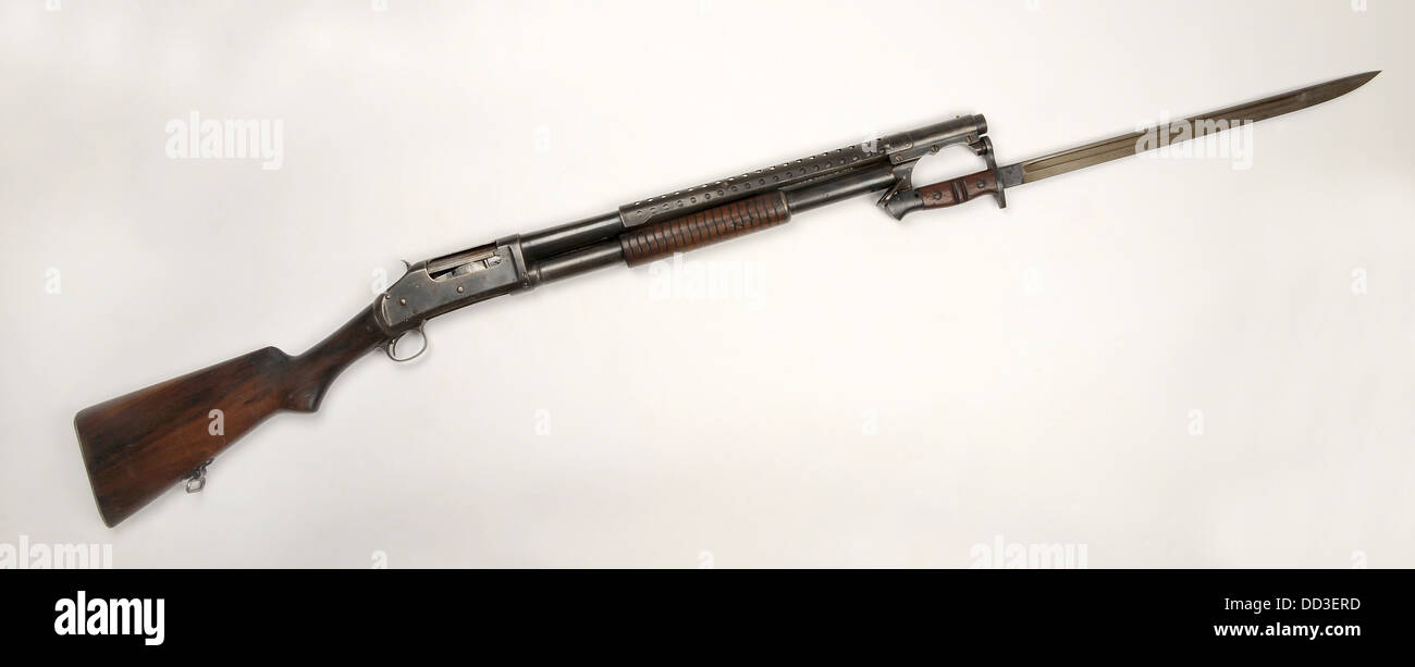 American WWI 12 gauge trench shotgun with M1917 bayonet. The standard US shotgun of WWI WWII Korea and Vietnam Stock Photo