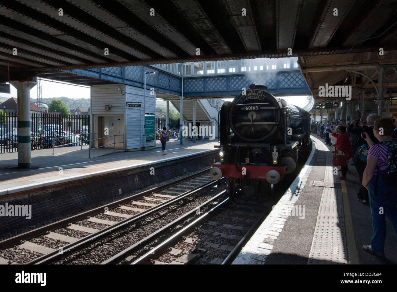 Steam Train Tornado arrives with 'The Cathedrals Express' at Lewes Station, Sussex Stock Photo