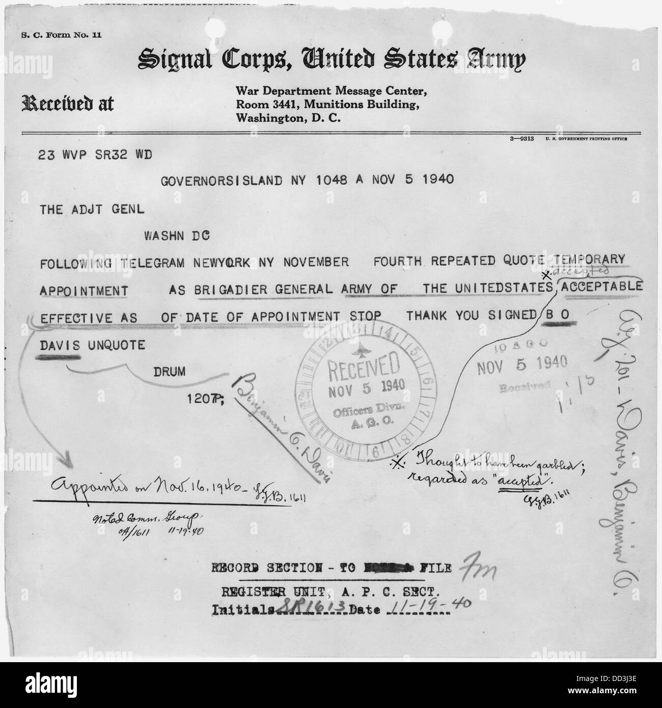 Telegram from B. O. Davis to The Adjutant General of the Army. - - 299743 Stock Photo