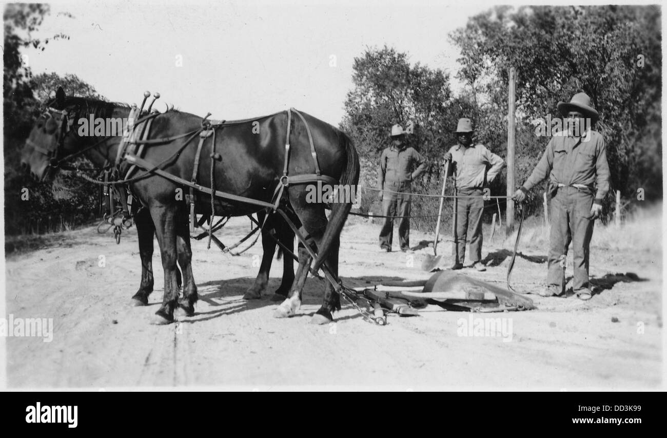 Three men use a horse-drawn sled to move rocks, demonstrating early ...