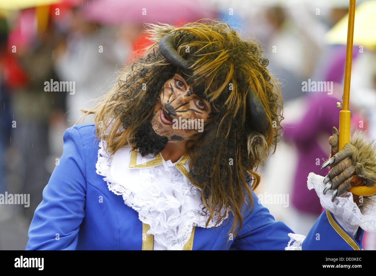 Worms, Germany. 25th August 2013. A participant of the Backfischfest parade 2013 is pictured dressed as a lion. The first highlight of this year's Backfischfest was the big parade through the city of Worms with over 100 groups and floats. Community groups, sport clubs, music groups and business from Worms and further afield took part. Credit:  Michael Debets/Alamy Live News Stock Photo