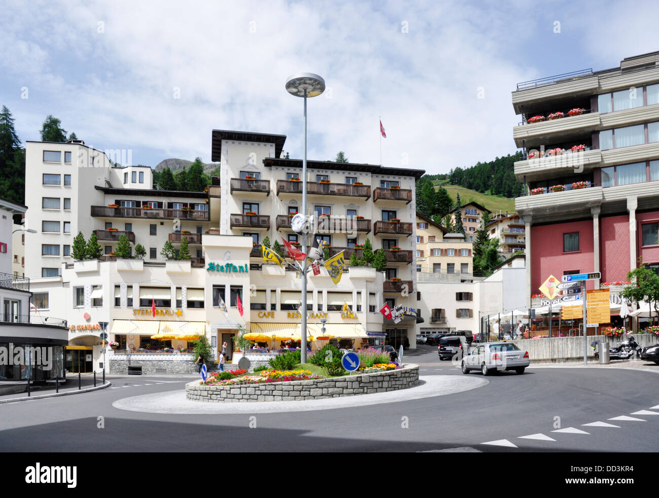 Switzerland St Moritz the town centre traffic roundabout Stock
