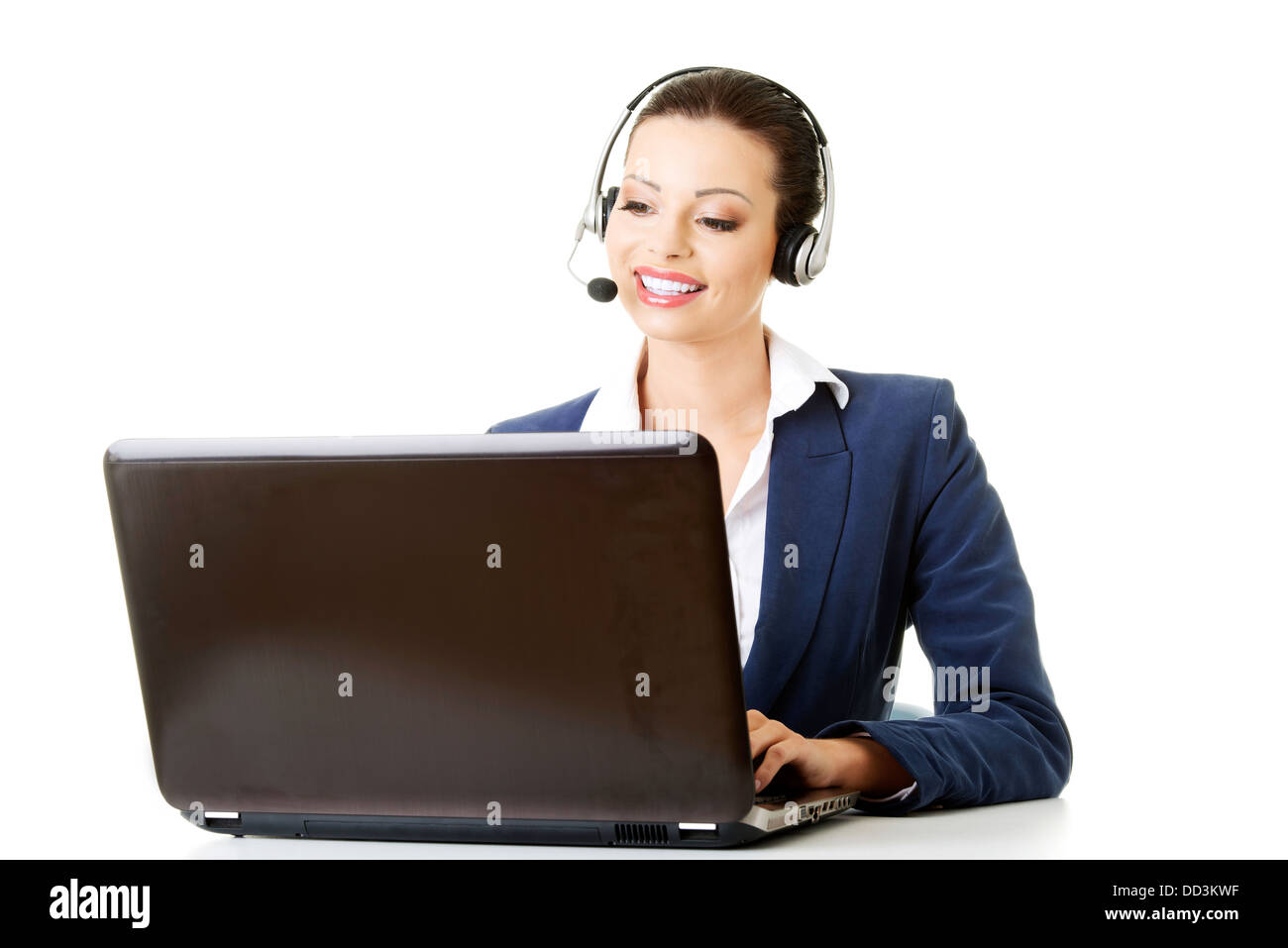 Assistante Call Center Beautiful young call-center assistant at the desk, isolated on white ...