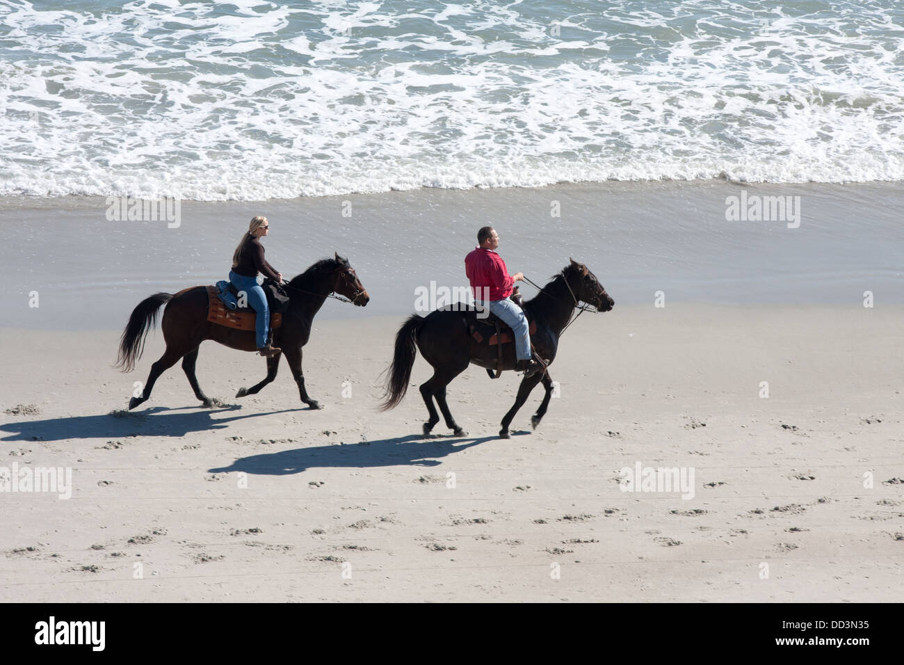 Couple Riding Horses On The Beach Stock Photo Alamy