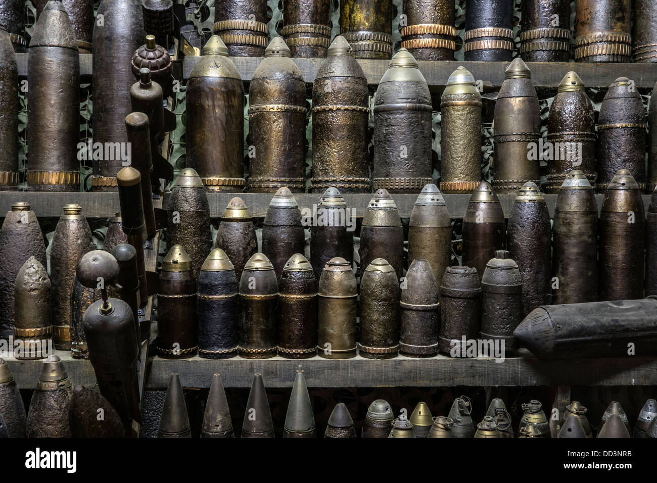 First World War One artillery ammunition, bombs and grenades in the WW1 Hooge Crater Museum at Zillebeke, West Flanders, Belgium Stock Photo