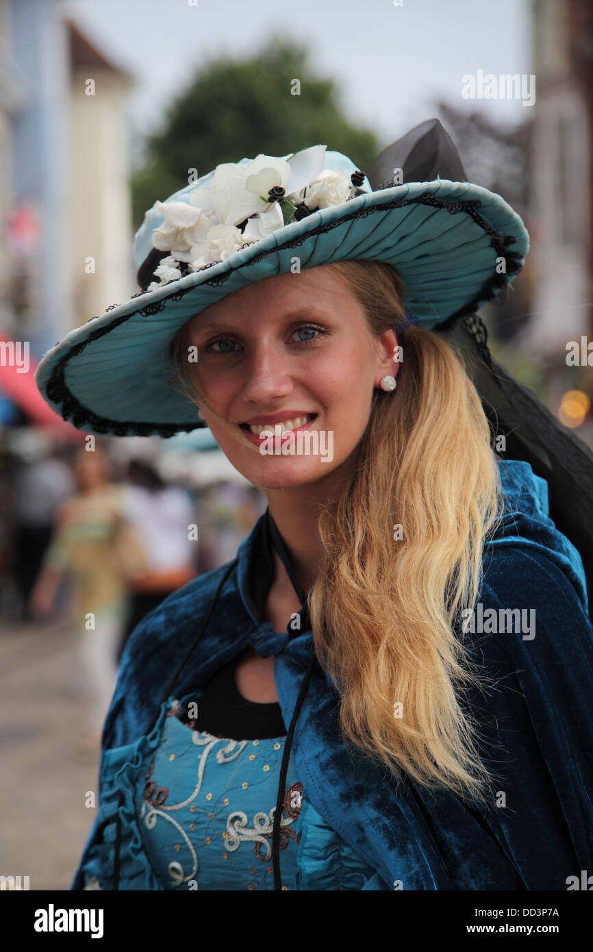 Woman in Victorian Flower Girl Costume outside Windsor Castle Stock