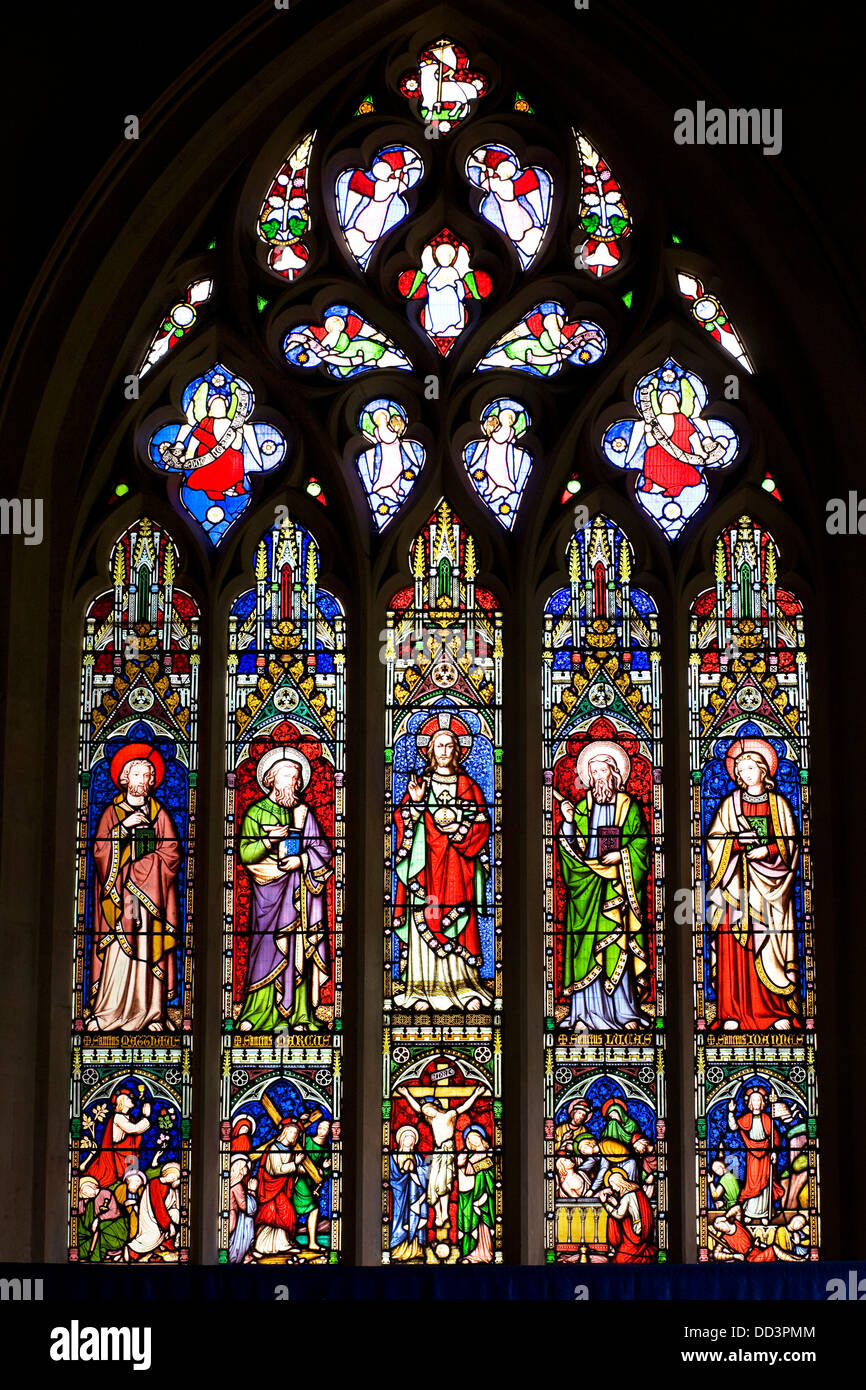 East window of St Edwards Church, Stow on the Wold, Glos. UK. Christ and the Four Apostles, Matthew, Mark, Luke and John. Stock Photo