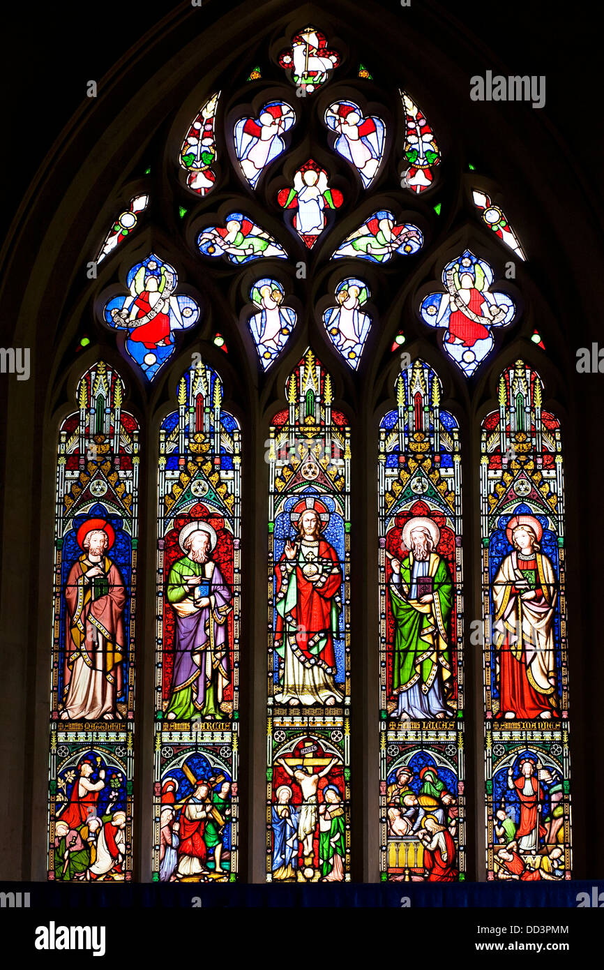 East window of St Edwards Church, Stow on the Wold, Glos. UK. Christ and the Four Apostles, Matthew, Mark, Luke and John. Stock Photo