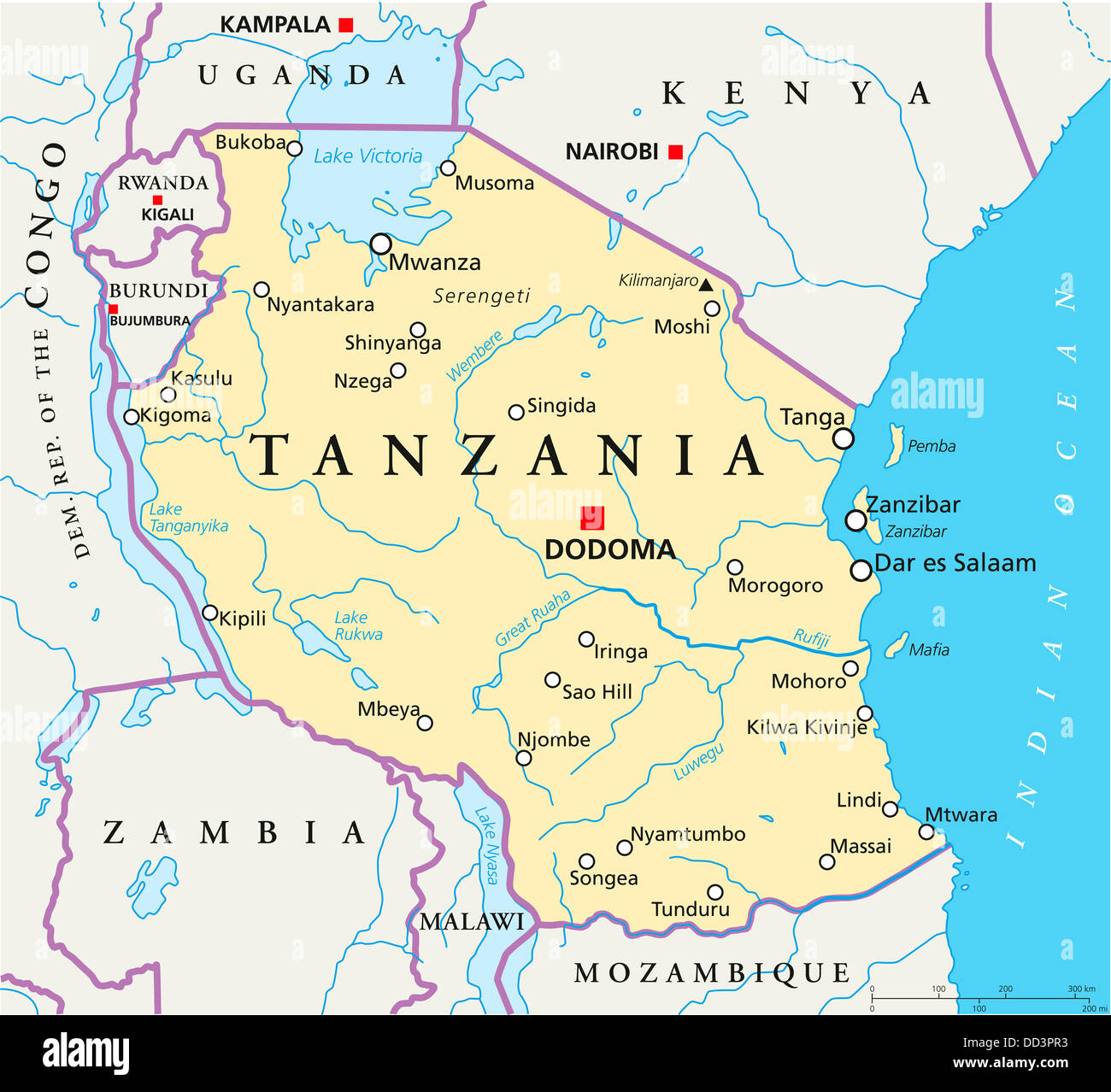 Political map of Tanzania with capital Dodoma, national borders, important cities, rivers, lakes. English labeling and scale. Stock Photo