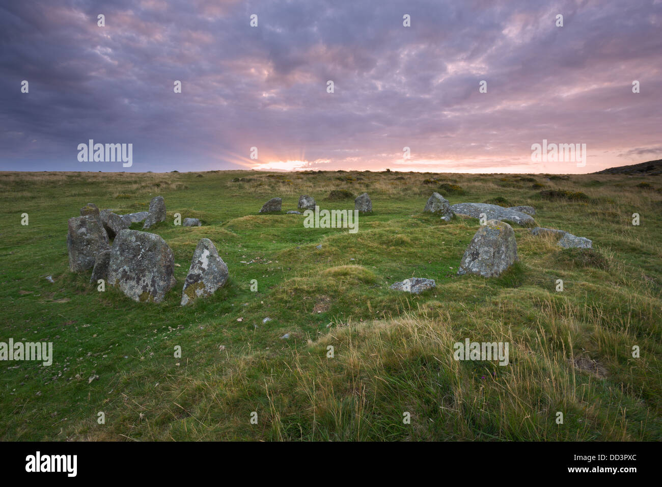Sunrise over Nine Maidens bronze age stone circle, Dartmoor National Park Devon Uk Stock Photo
