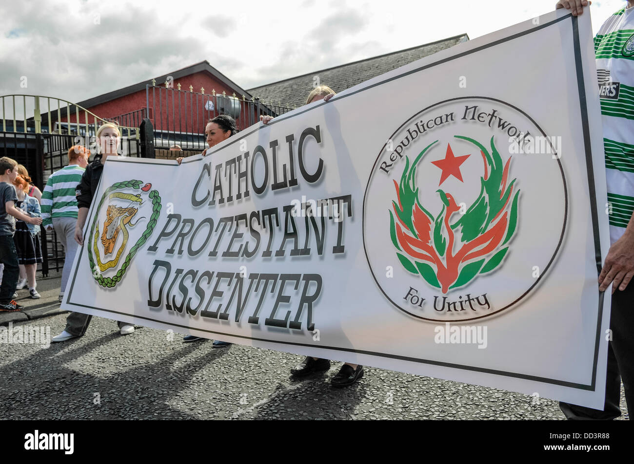 Belfast, Northern Ireland. 25th Aug, 2013. Members of the Republican Network for Unity carry a banner saying 'Catholic, Protestant, Dissenter', the words of Henry Joy McCracken during a parade to commemorate him. Credit:  Stephen Barnes/Alamy Live News Stock Photo
