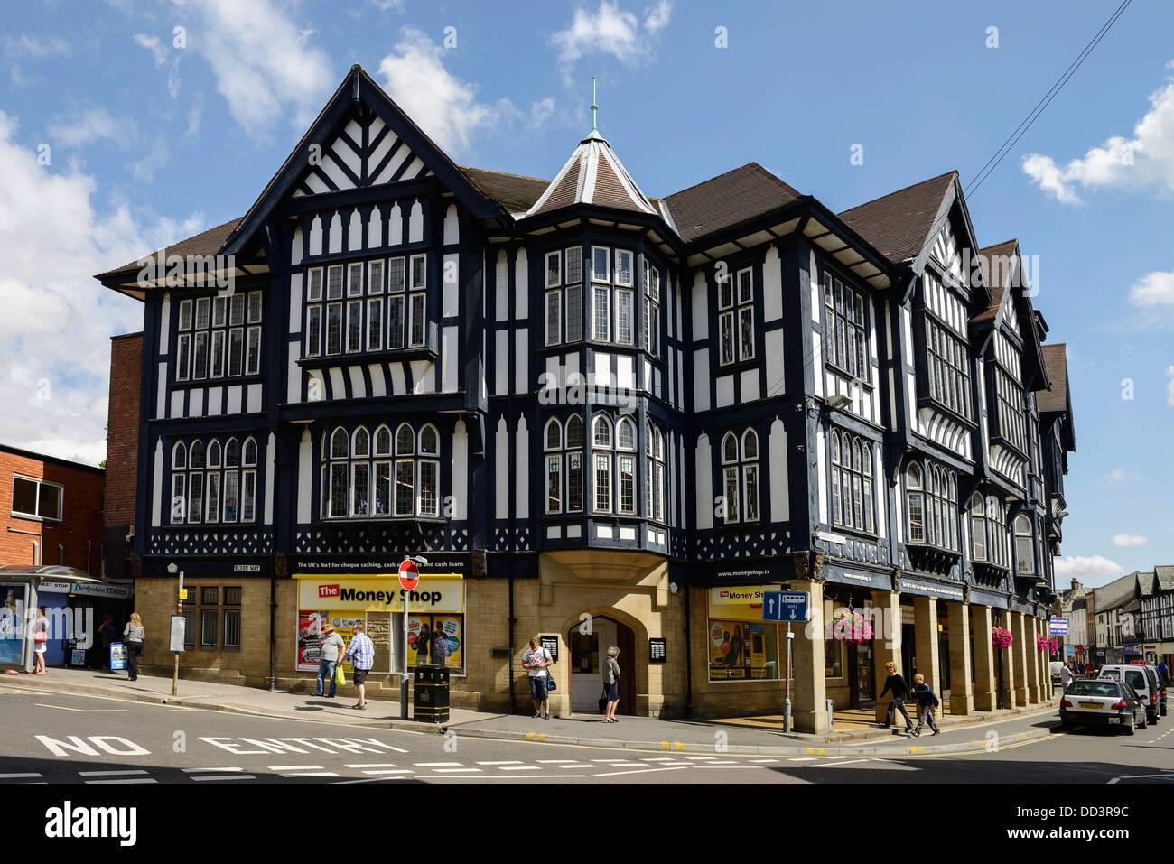 Black and white timber framed building and The Money Shop in Chesterfield town centre UK Stock Photo
