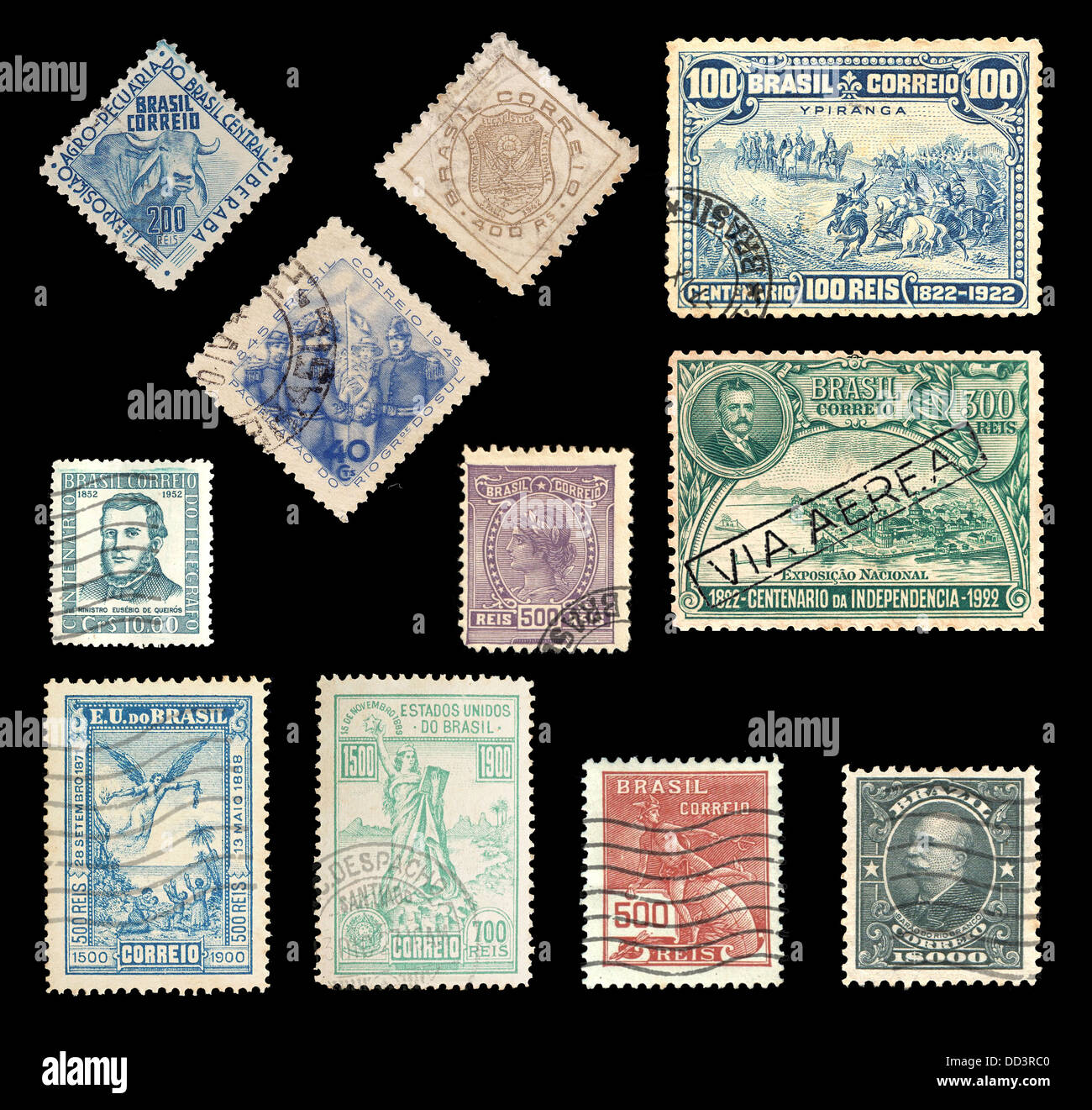 Various stamps from Brazil from 1900 – 1952 showing national symbols Stock Photo