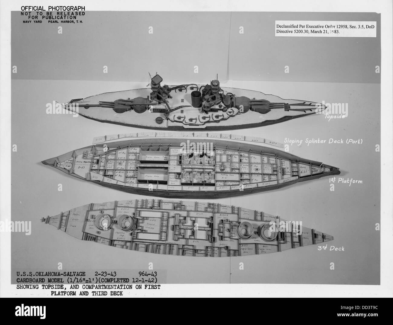 USS Oklahoma- Salvage 2-23-43, 964-43, Cardboard model (1-16 = 1') (completed 12-1-42) showing topside, and... - - 296962 Stock Photo